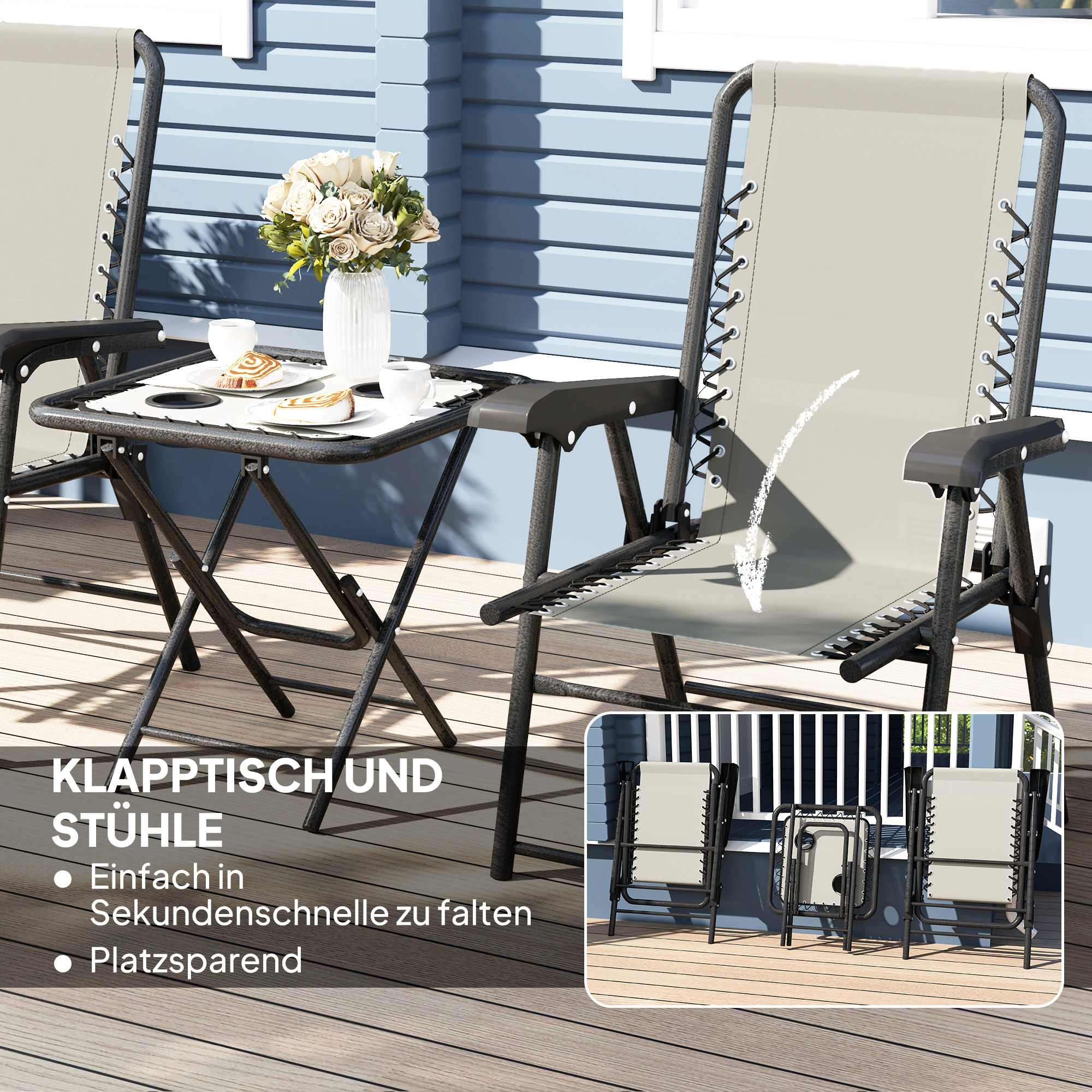 Bistro Set 3-teilig aus Stahl Wetterfest Gartenmöbel Set mit klappbar Bistrotisch Becherhalter Gartenstühlen Dunkelgrau