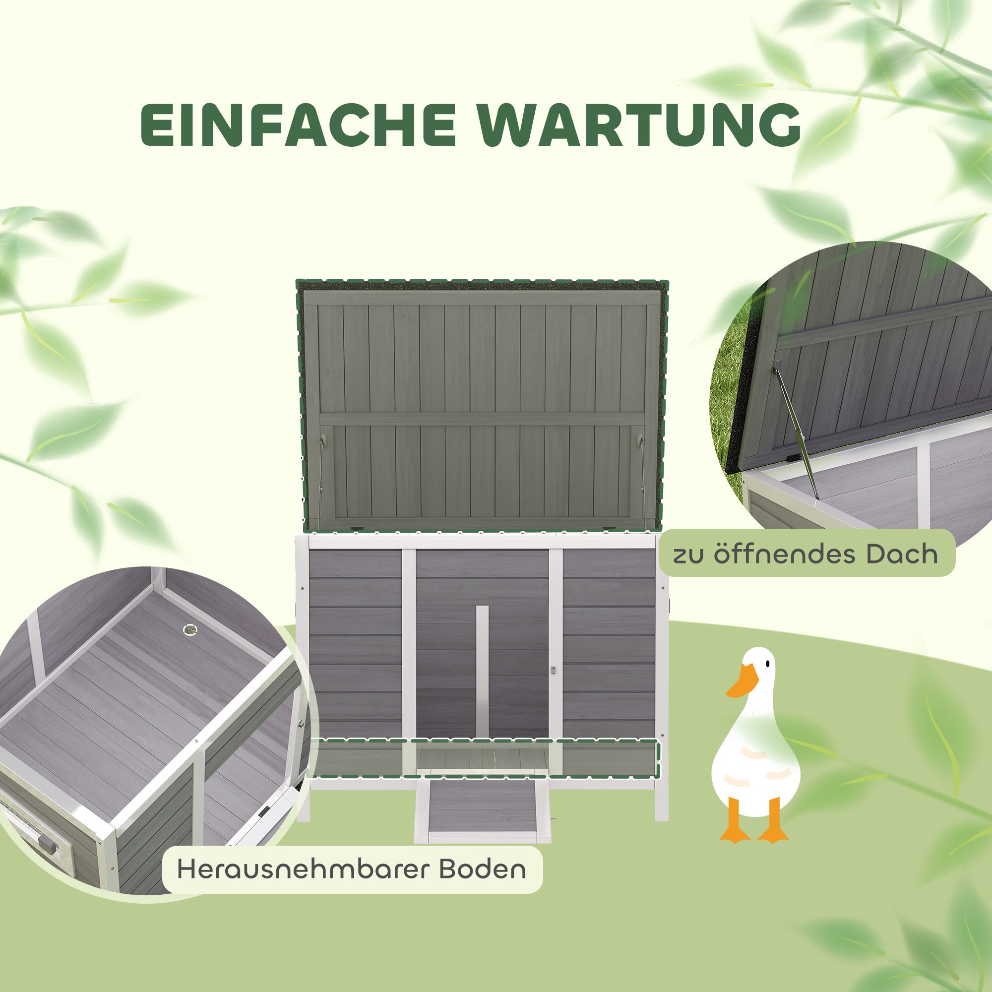 Entenstall wetterfest Entenhaus aus Holz mit herausnehmbar Boden Schiebefenster aufklappbar Asphaltdach 93x70x72cm Grau