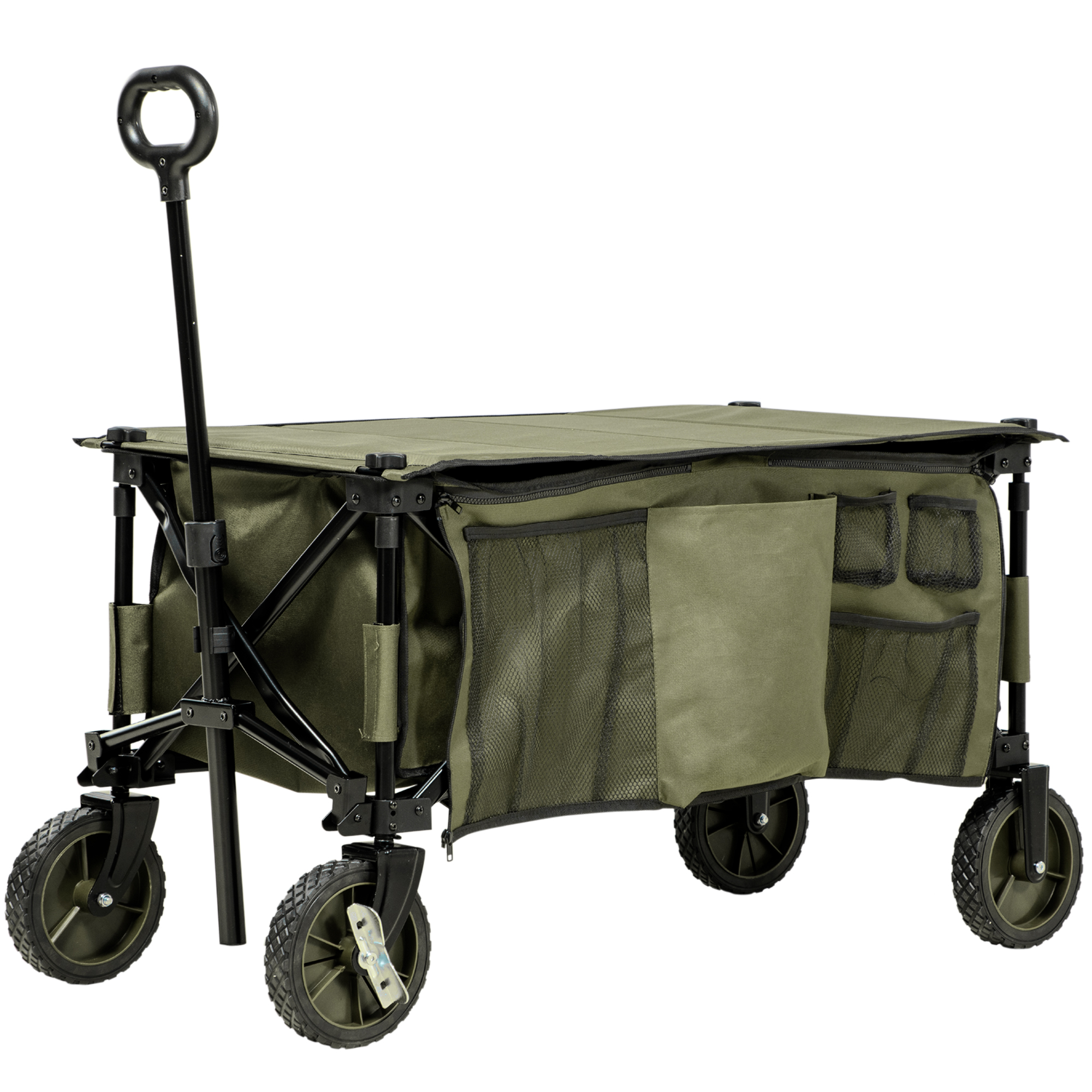 Bollerwagen, klappbar, 5 Seitentaschen, verstellbarer Griff, bis 120 kg belastbar, Stahl, 108 x 55 x 93 cm, Grün