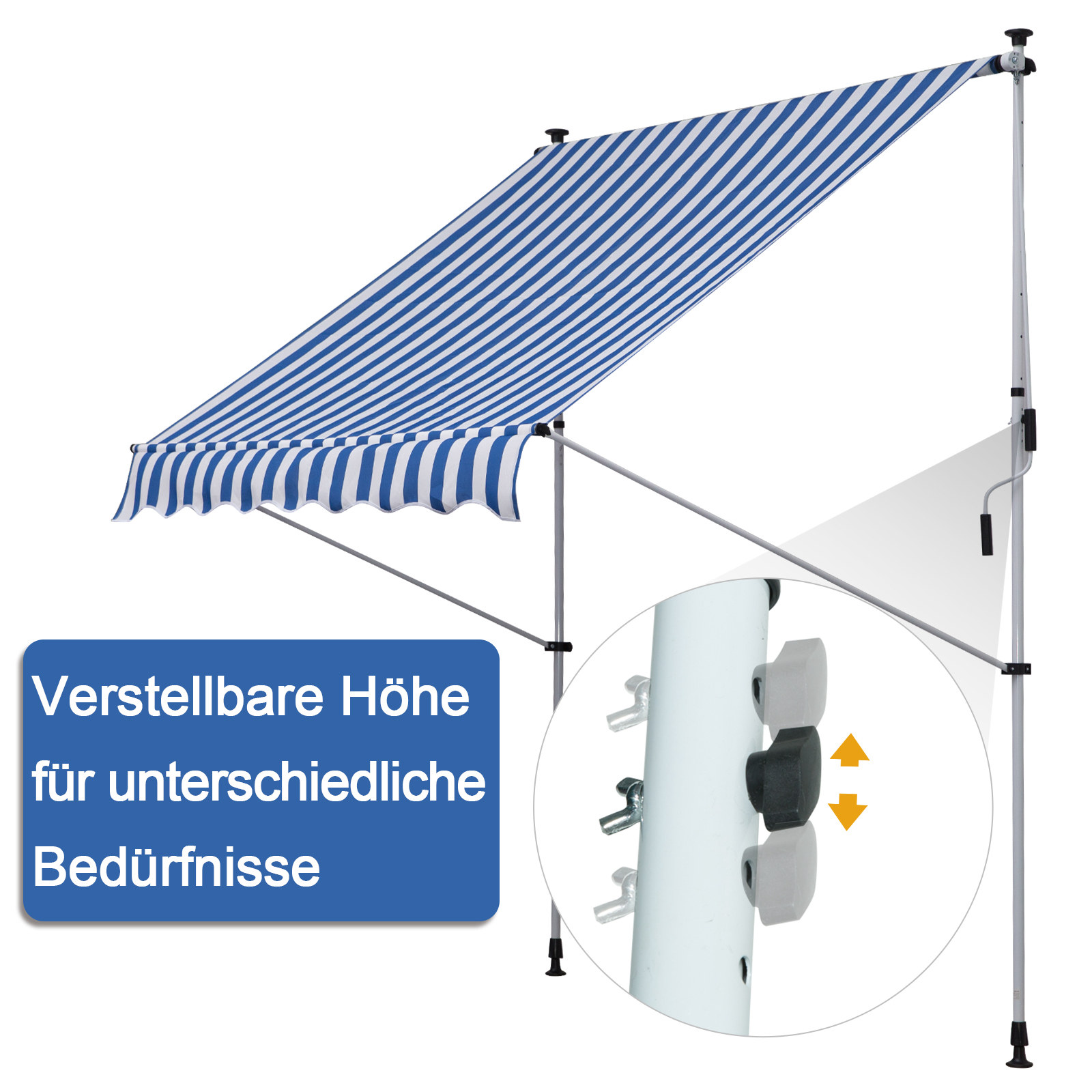 Klemmmarkise mit Handkurbel höhenverstellbar Gelenkarmmarkise schmutzabweisend, witterungsbeständig Balkonmarkise 150cm breit Terrassenmarkise für Terrasse Balkon Veranda Blau+Weiß