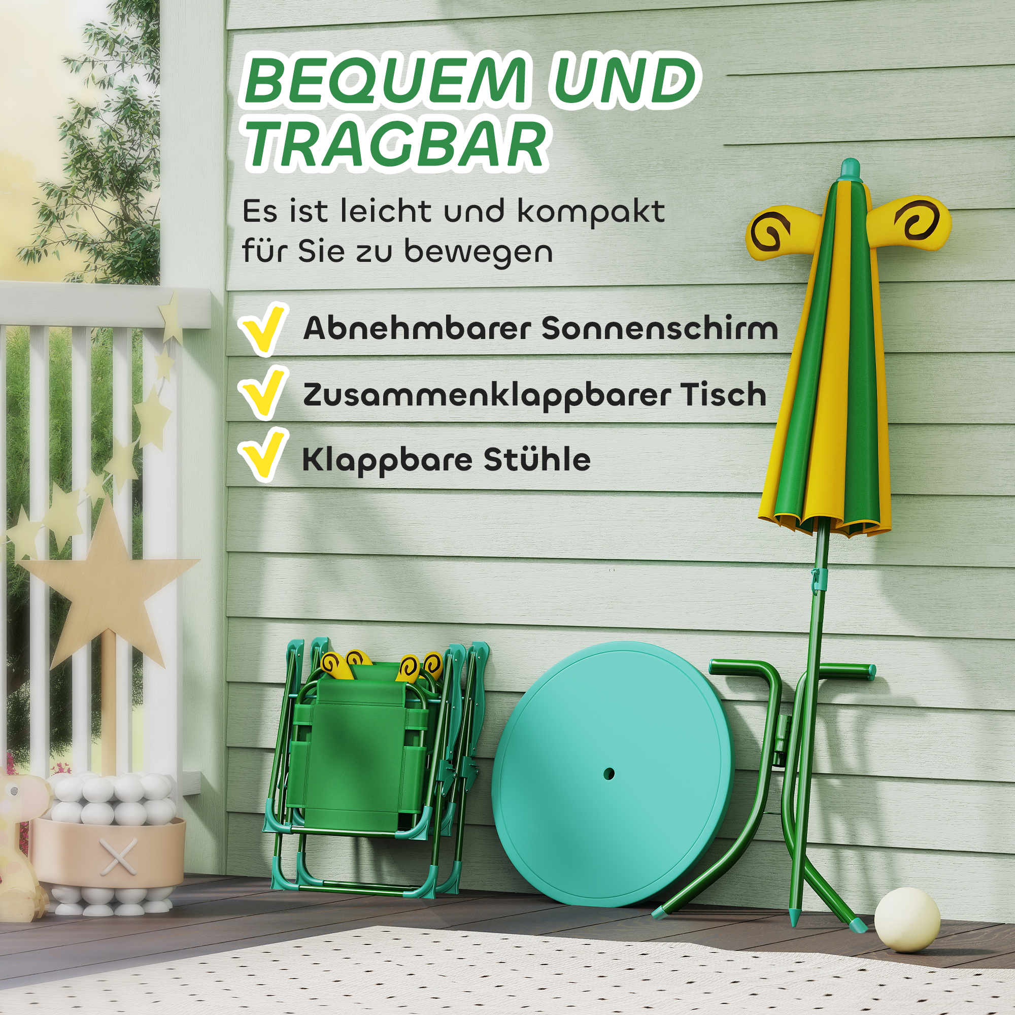 Gartenmöbel-Set für Kinder, Stühle, Tisch, Sonnenschirm, Bienen-Design, Grün+Gelb