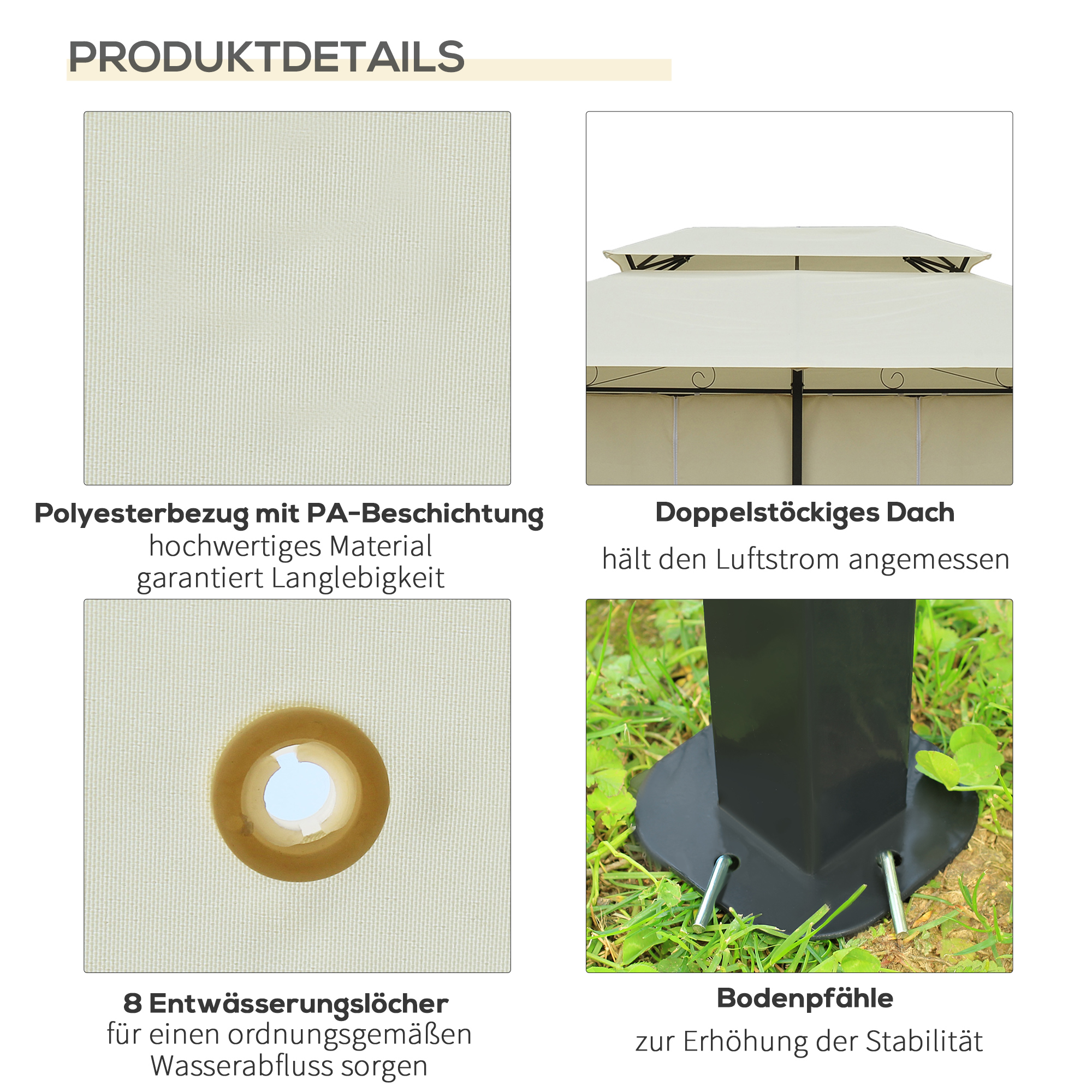 Pavillon 3x4m Gartenpavillon mit 6 Seitenteilen Partyzelt Gartenzelt Festzelt mit Doppeldach Beige+Schwarz