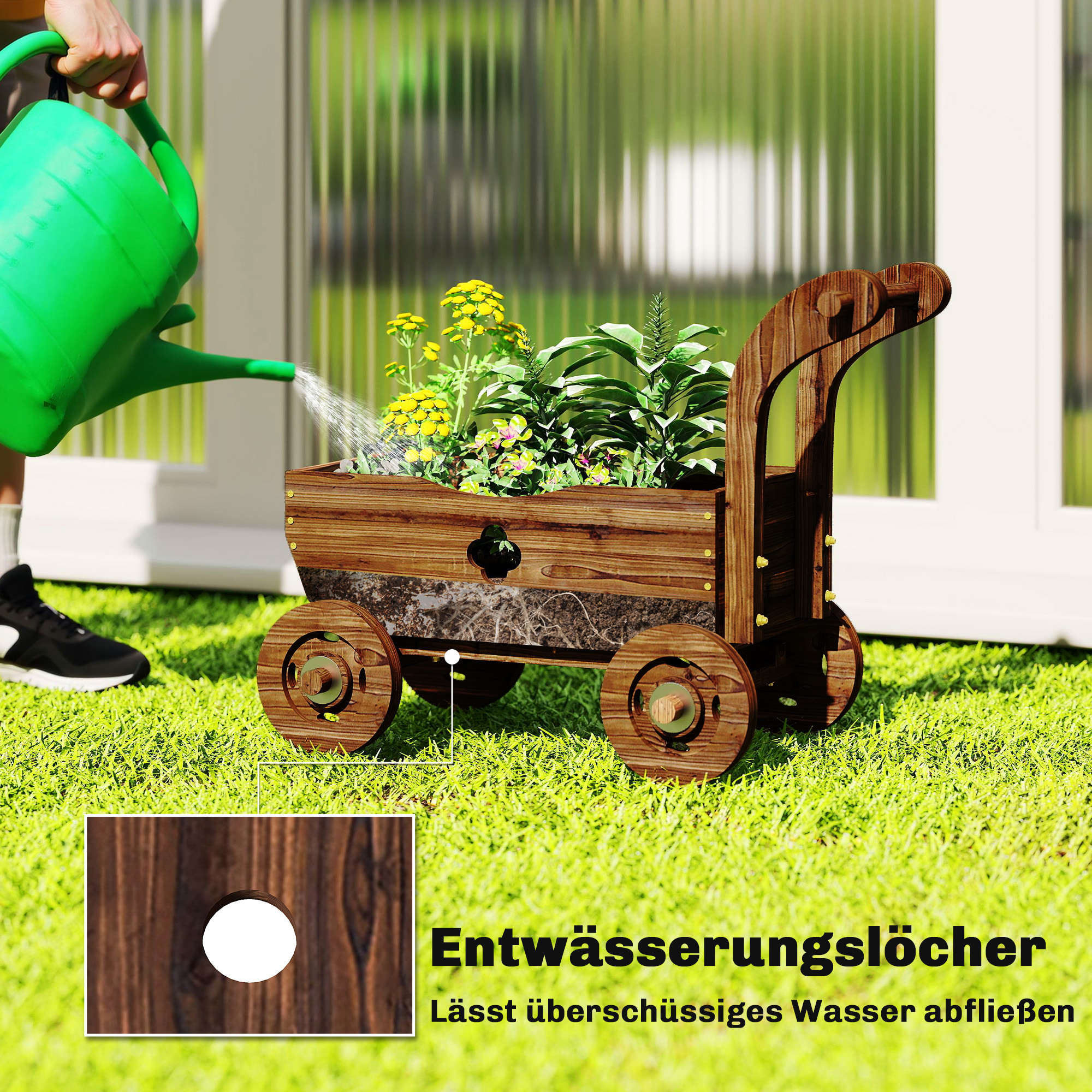 Hochbeet Holz, Pflanzbeet in Wagenform Frühbeet mit 4 Rädern Griff Gartenbeet 68 x 38 x 52cm