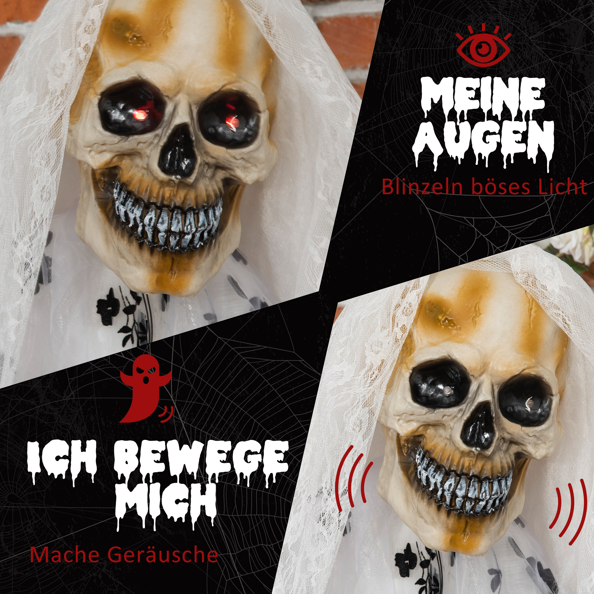 Halloween-Dekoration Geisterbraut, Schreie & Augenleuchten, bewegungsaktiviert, 170cm groß, Indoor