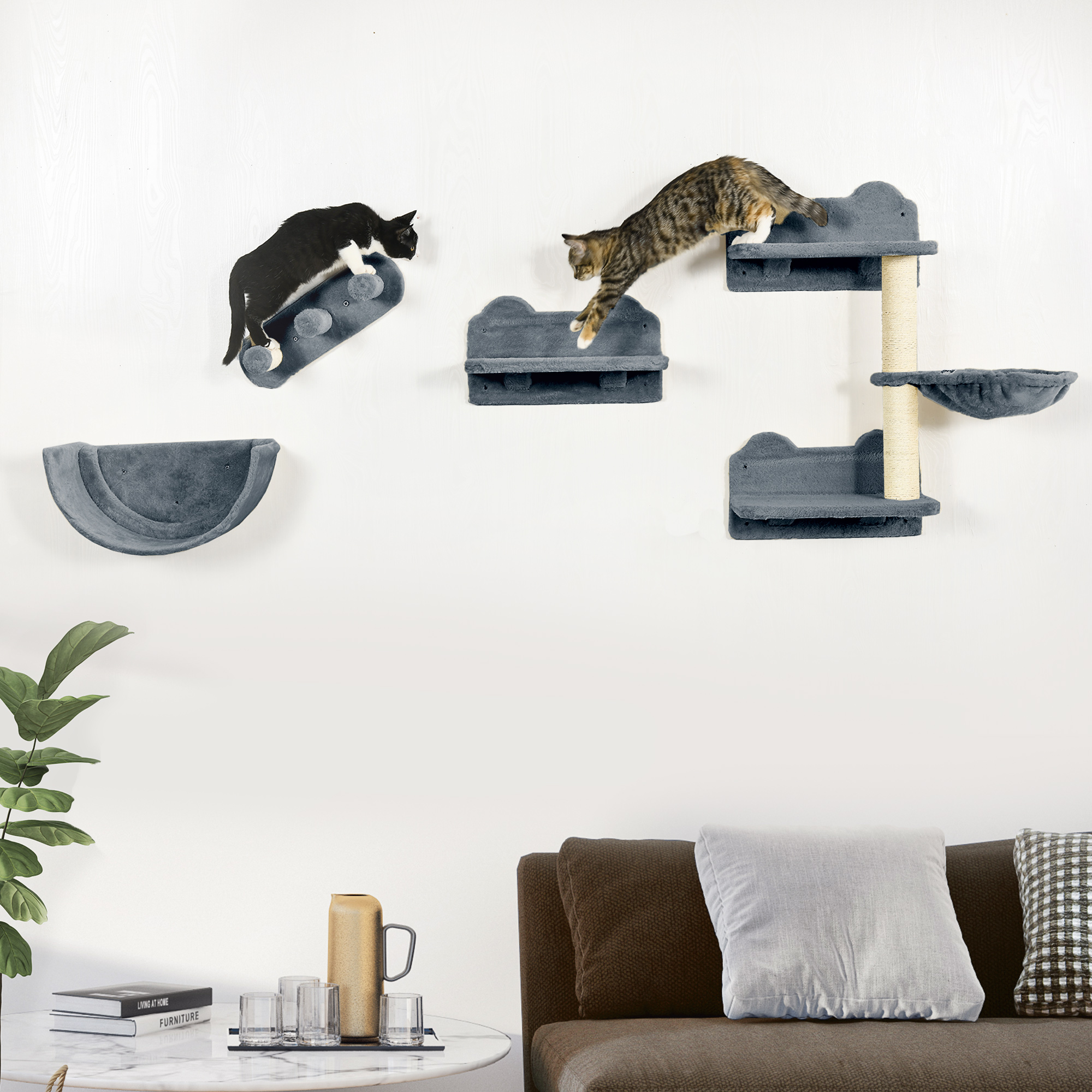 Kletterwand-Set für Katzen, Hängematte, Kratzbrett, Sprungplattformen, Plüsch, Sisal, Grau