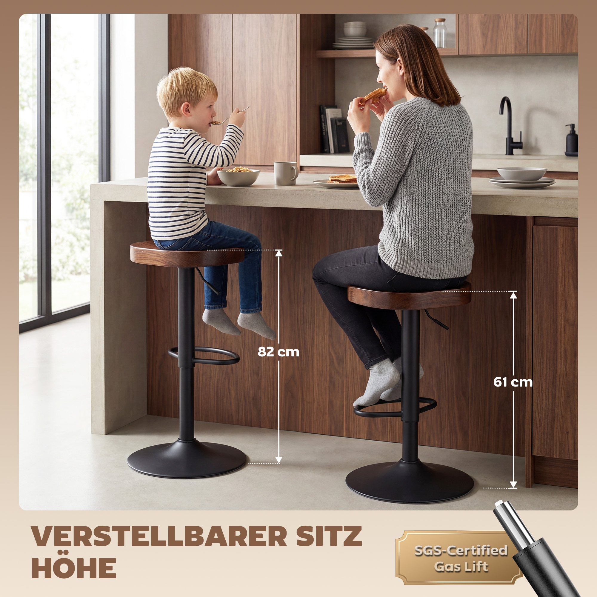 Barhocker Set aus 2, Höhenverstellbare Drehstühle mit Sattelsitz aus Ulmenholz in Dunkelbraun