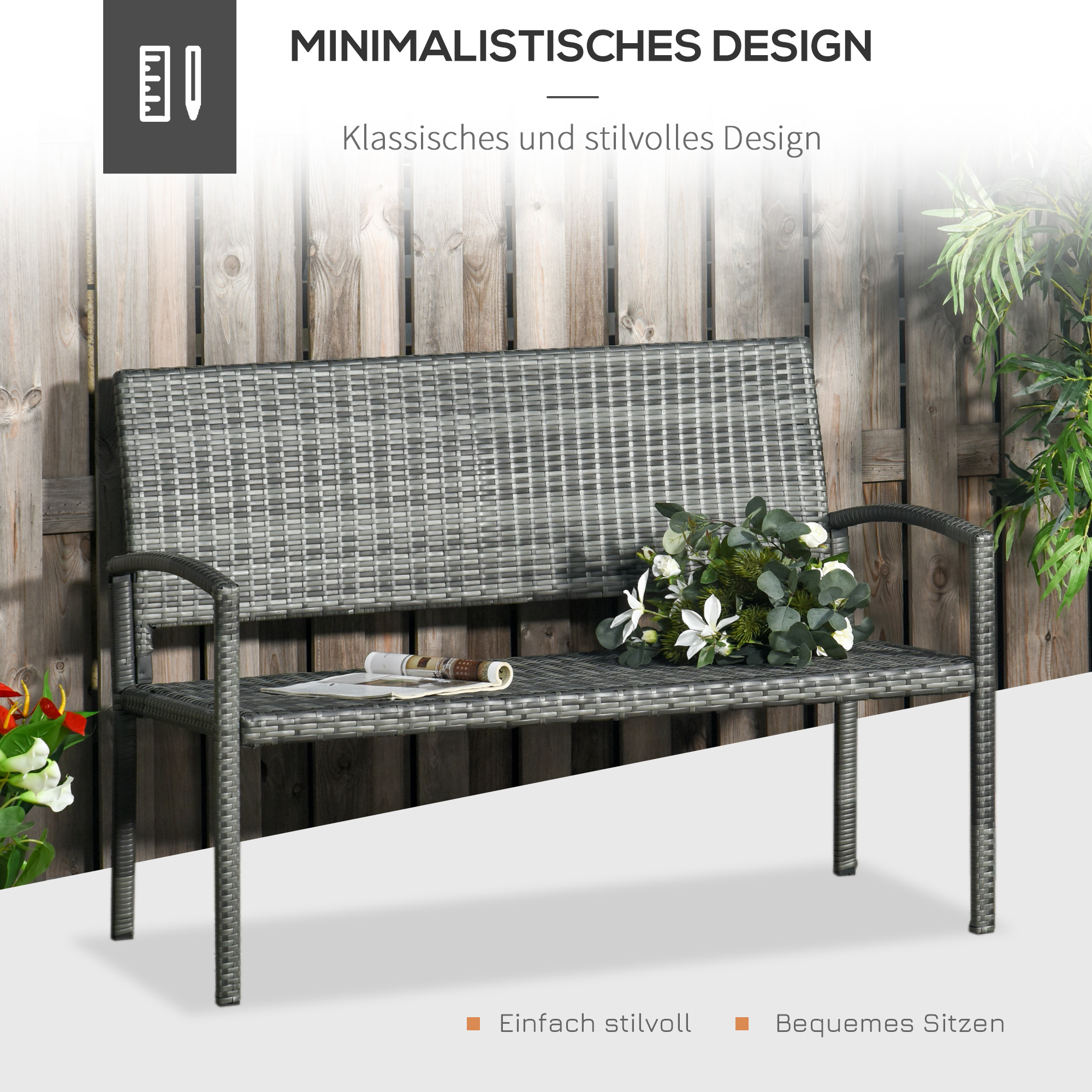 Gartenbank, in Rattanoptik, mit Stahlrahmen, für 2 Personen, Braun, 122 x 60 x 87cm