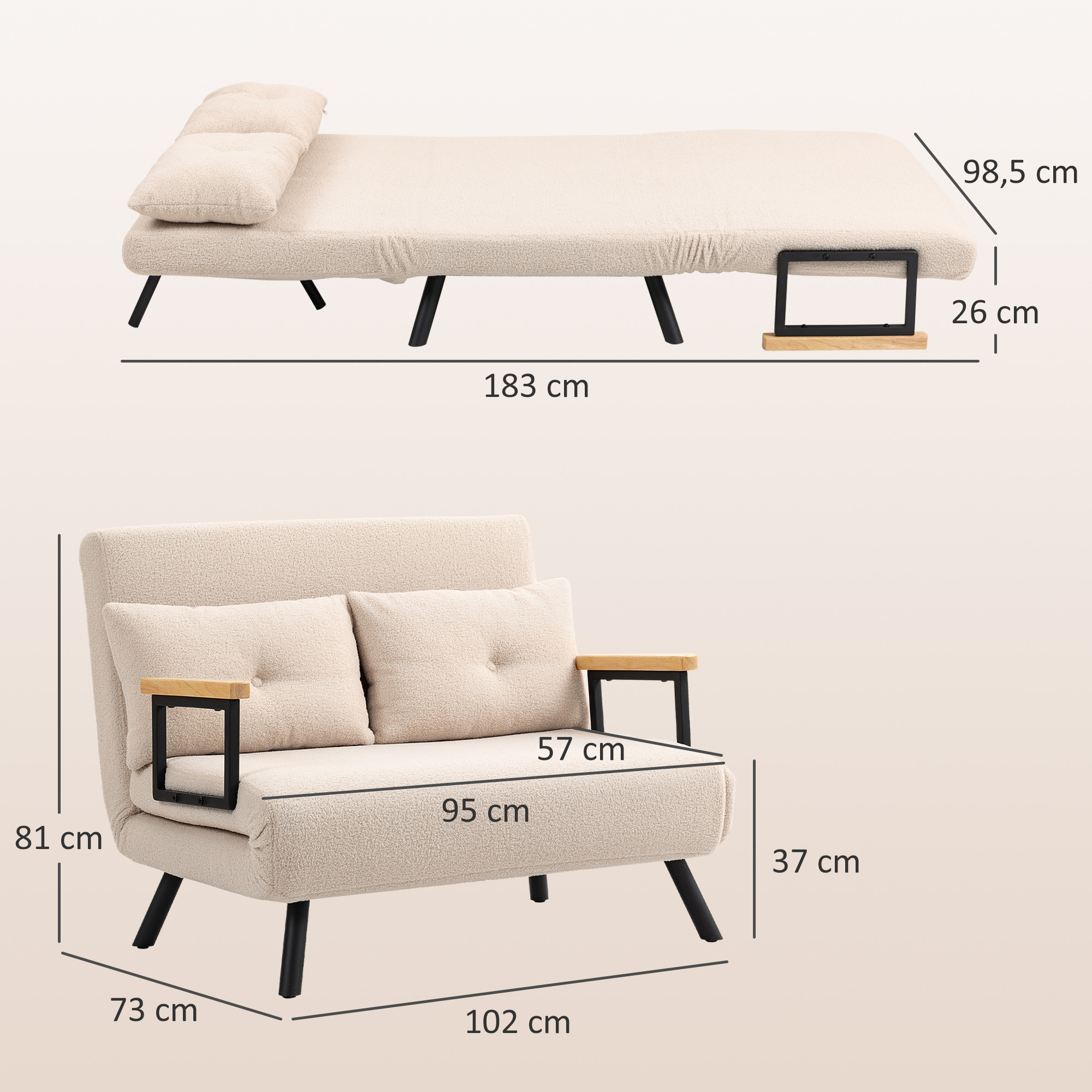 Schlafsofa 2er-Sofa Samtsofa, Schlaffunktion, inkl. 2 Kissen, Samtoptik, Natur + Beige + Schwarz
