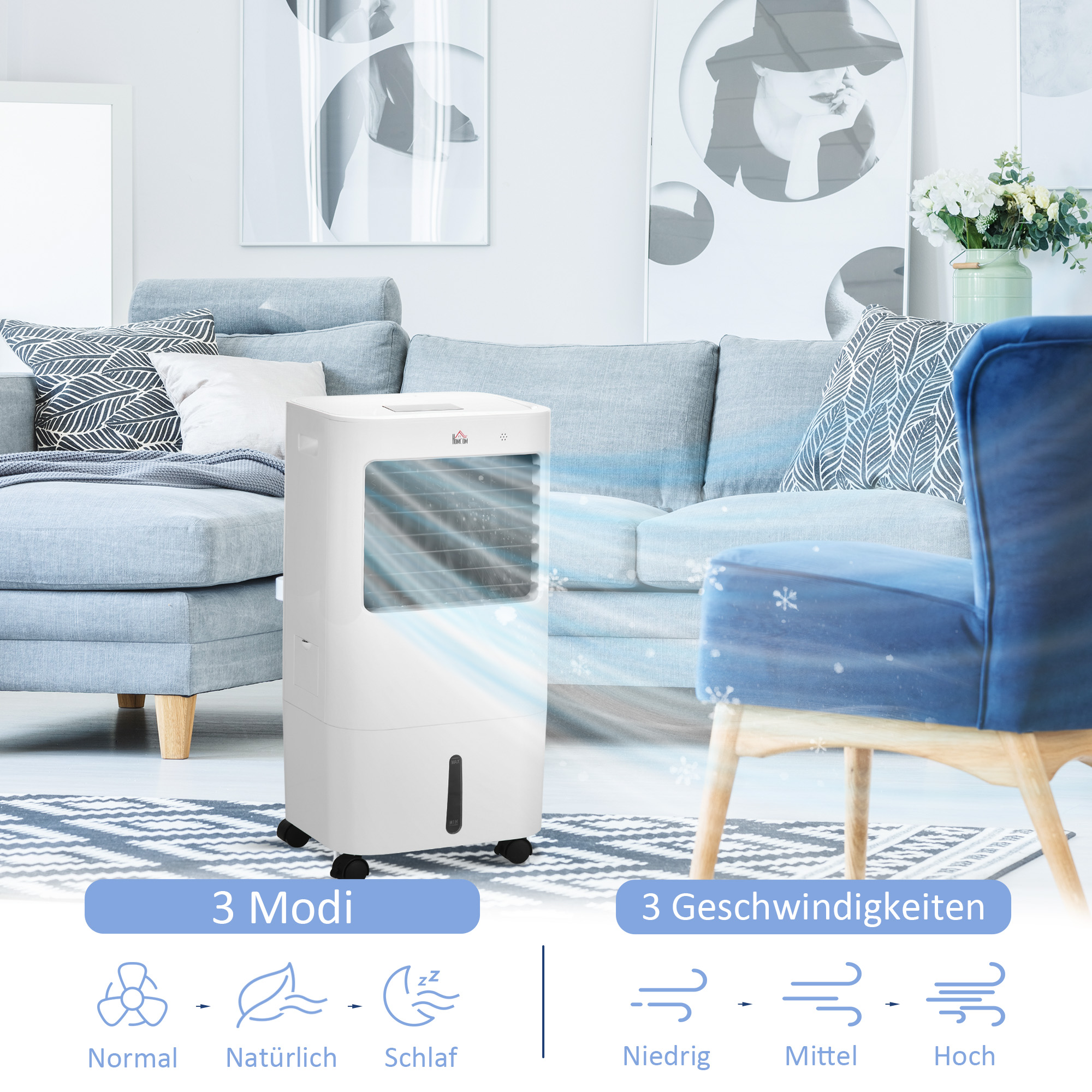 Klimaanlage, Luftkühler, 3 Modi, Timer-Funktion, rollbar, Kunststoff, Weiß