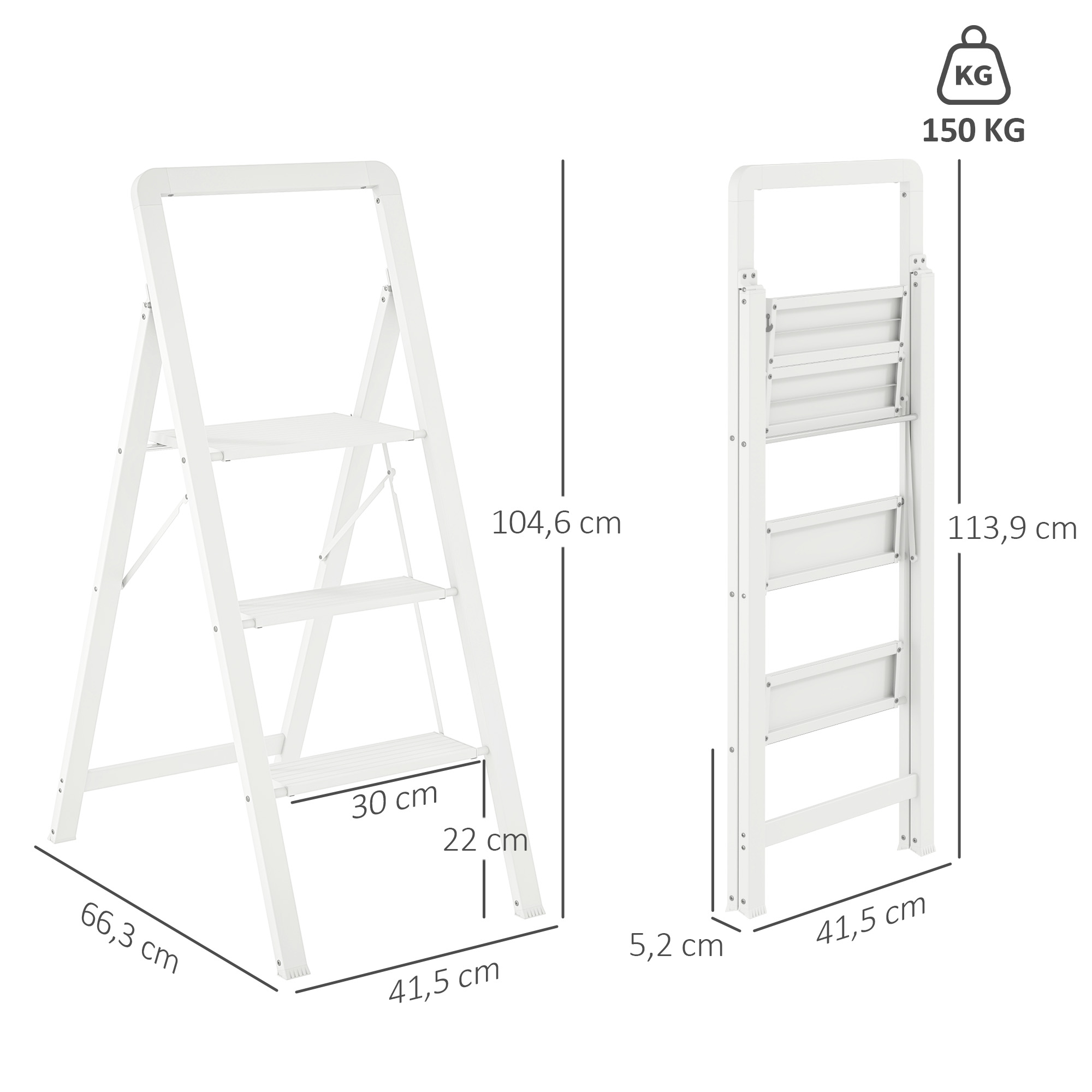3-stufige Trittleiter, Aluminum faltbar, rutschfeste Plattform, Weiß
