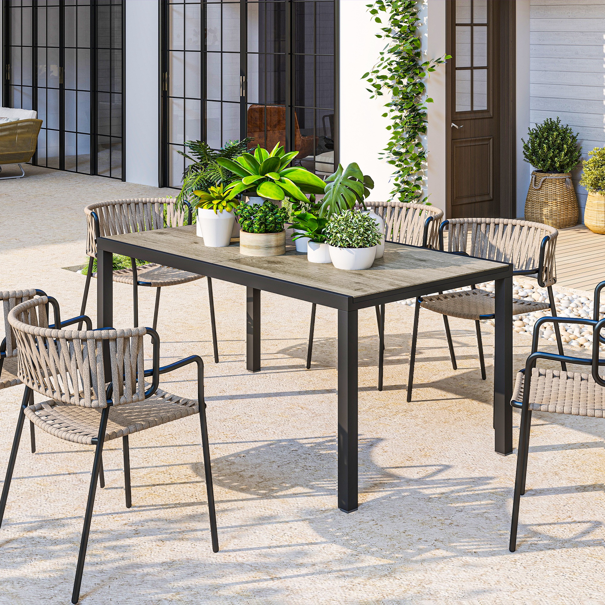 ausziehbarer Esstisch für 6-8 Personen, Verstellbarer Outdoor-Tisch aus Aluminium, Stahl, Kunststoff, Holzoptik, Grau