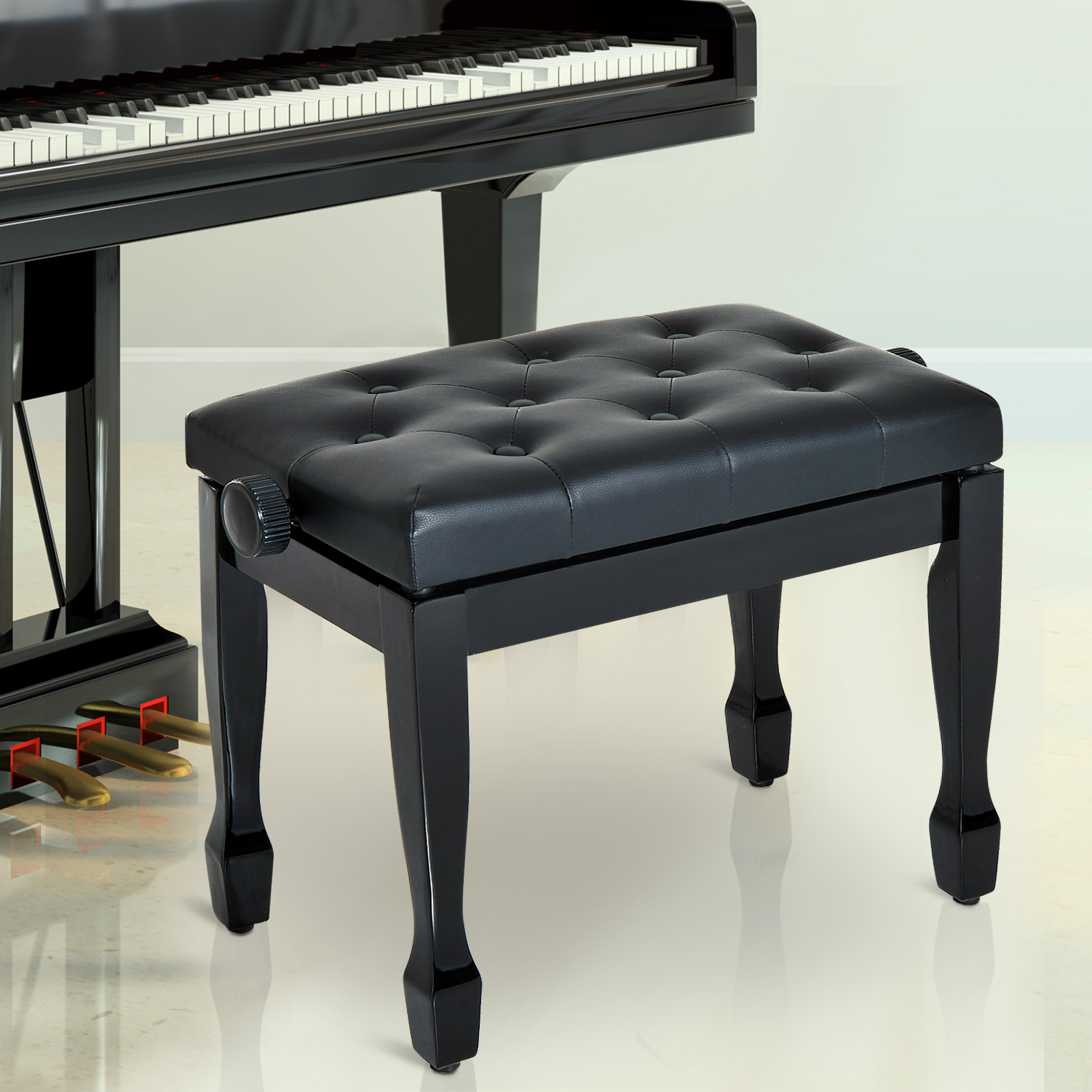 Klavierhocker Höhenverstellbar Klavierbank, Pianobank mit Kunstleder Kissen Keyboardhocker für Piano Keyboard 64 x 35 x 45-55 cm Schwarz