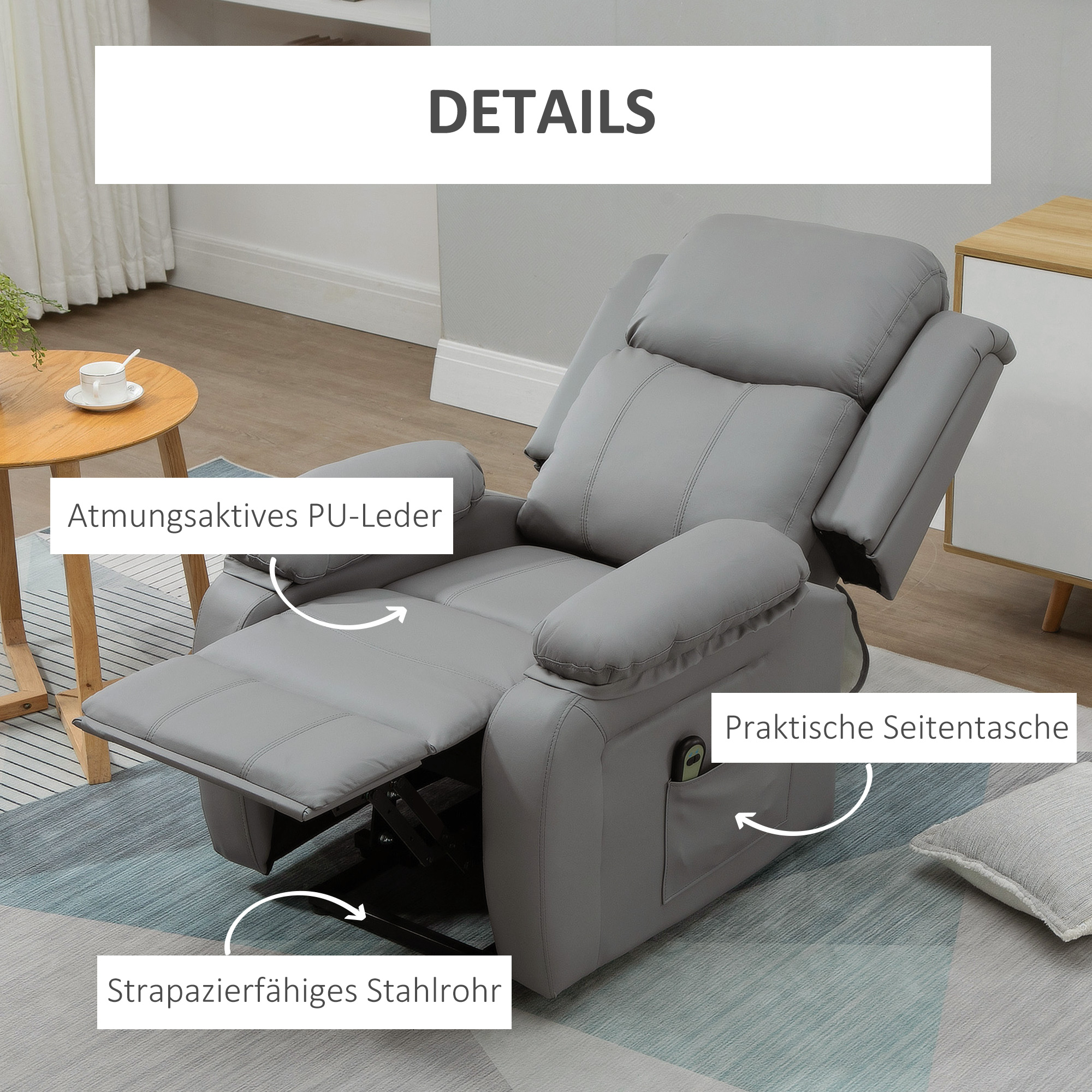 elektrischer Aufsteh-Sessel, Fernbedienung, Kunstleder-Bezug, Polstersessel mit Aufsteh-Funktion, Grau