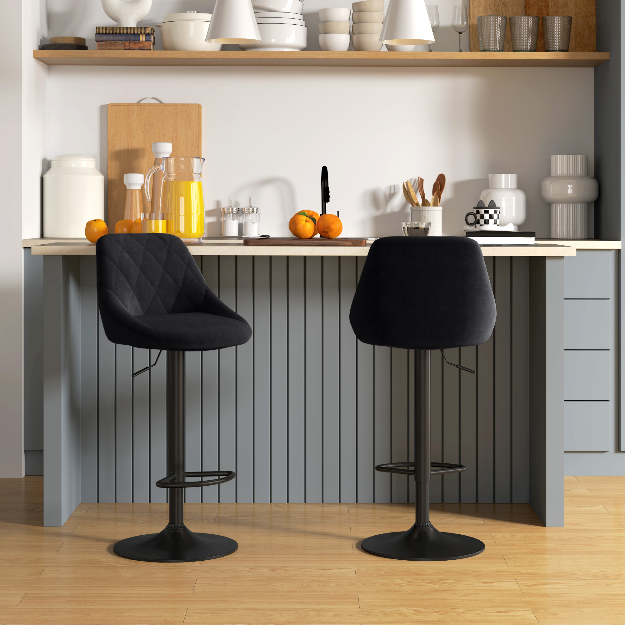 Barhocker 2er Set Höhenverstellbar Drehbar Barstühle mit Samtoptik Tresenhocker mit Rückenlehne mit Diamant-Tufting und Fußstütze für Bar, Theke, Esszimmer, Stahl Schwarz
