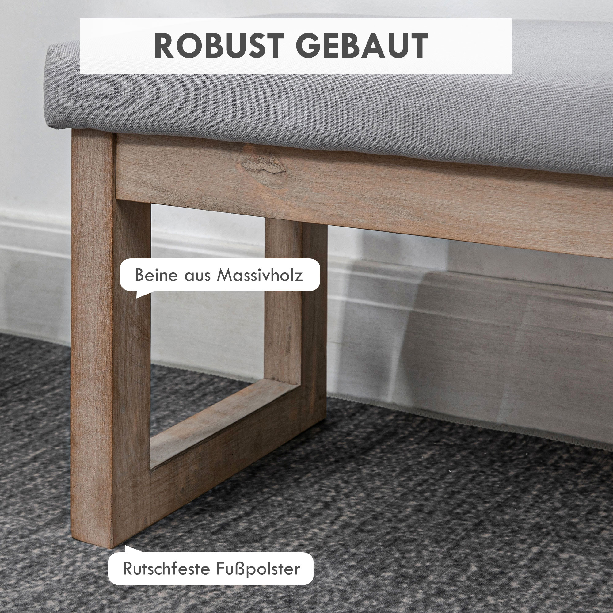 Fußbank im Skandi-Design, Sitzhocker, Fußhocker, 68 cm x 38 cm x 42 cm, Grau + Natur