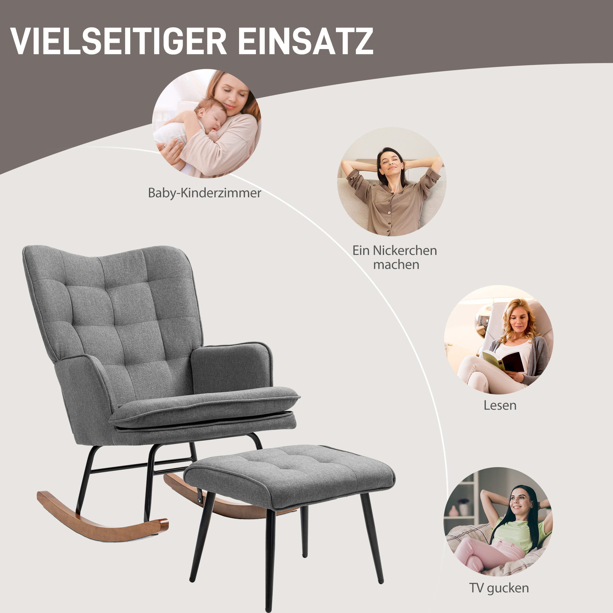 Schaukelstuhl mit Hocker, komfortabel, bis 130 kg, Leinenoptik, 64x89x90cm, Dunkelgrau