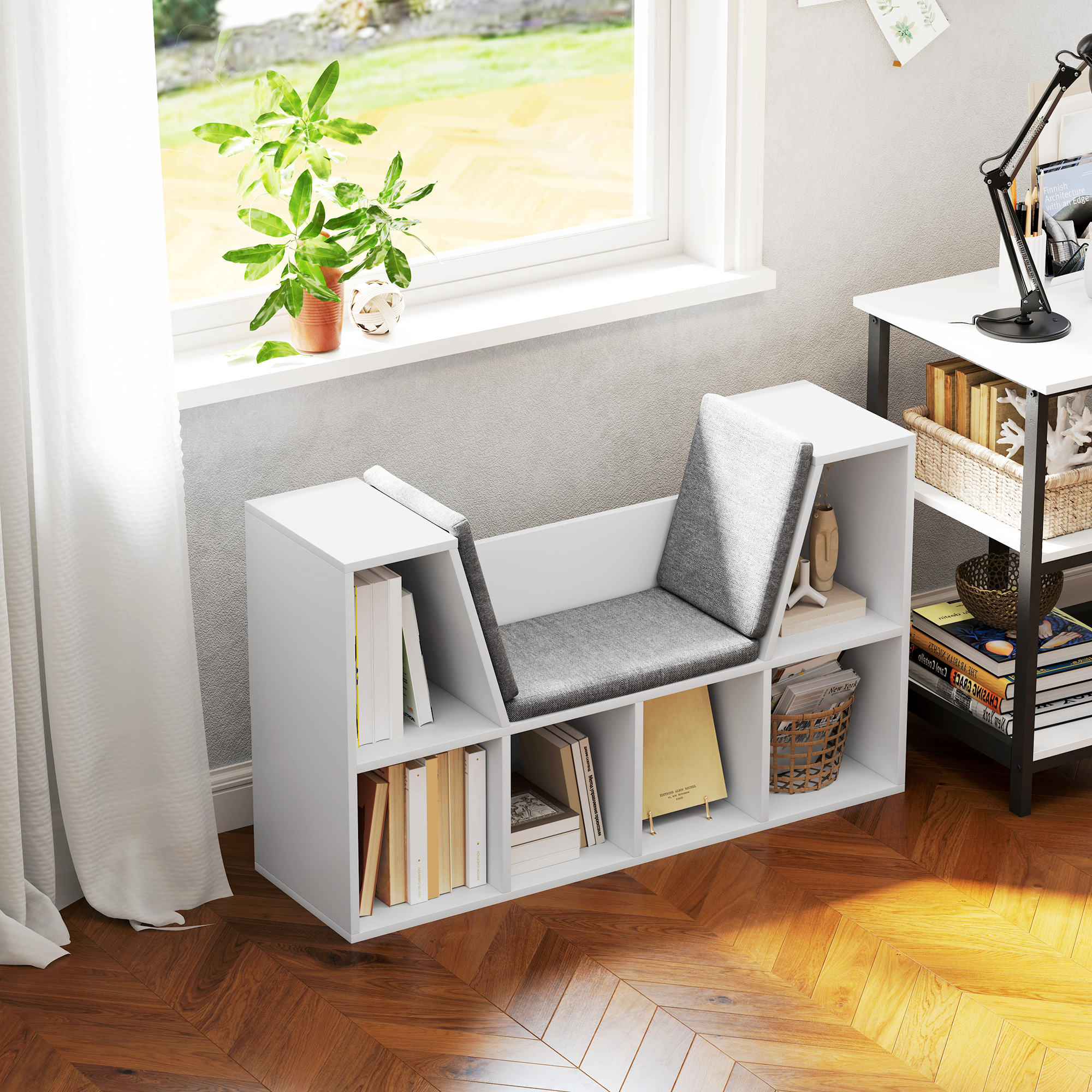Bücherregal mit Sitzfläche, 6 Fächer, gepolstert, 105 x 30 x 63 cm, Weiß