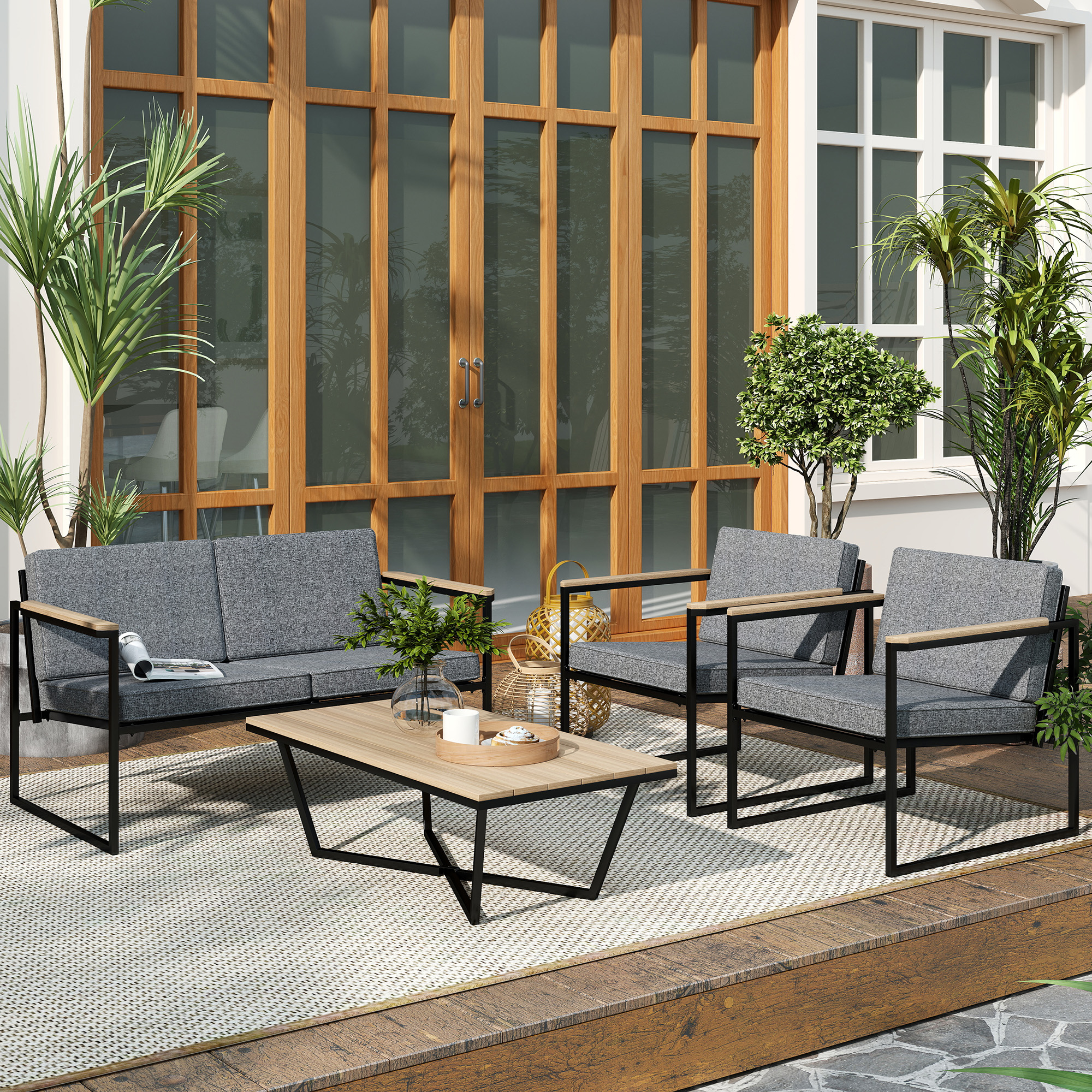 Gartenmöbel Set 4 Personen wetterfest Balkonmöbel-Set mit 2er Sofa, 2 Stühle Sitzkissen Beistelltisch Grau