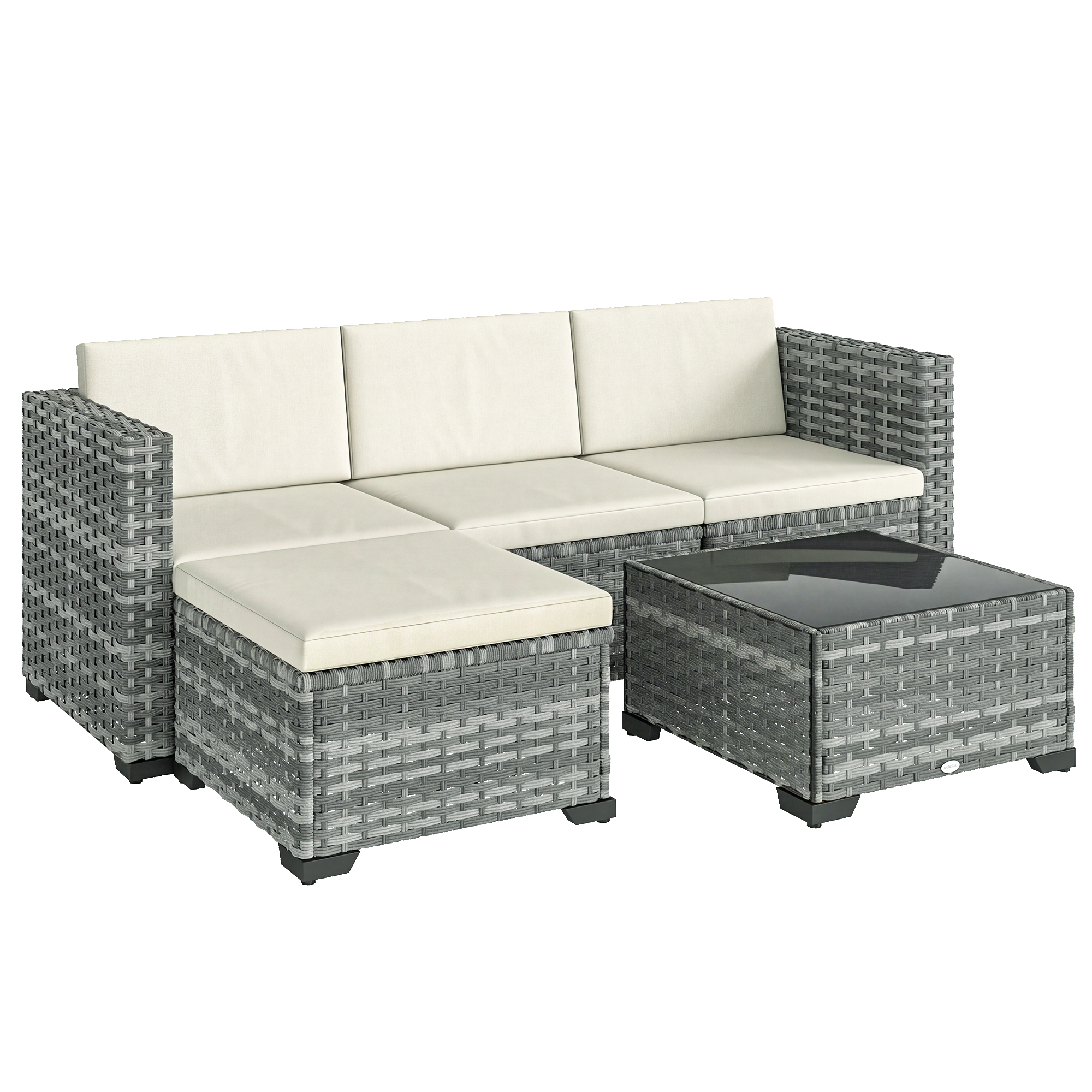 Polyrattan Gartenmöbel Set 5-teilig, Lounge Set mit Ecksofa Hocker Tisch Sitz- & Rückenkissen Grau+Cremeweiß