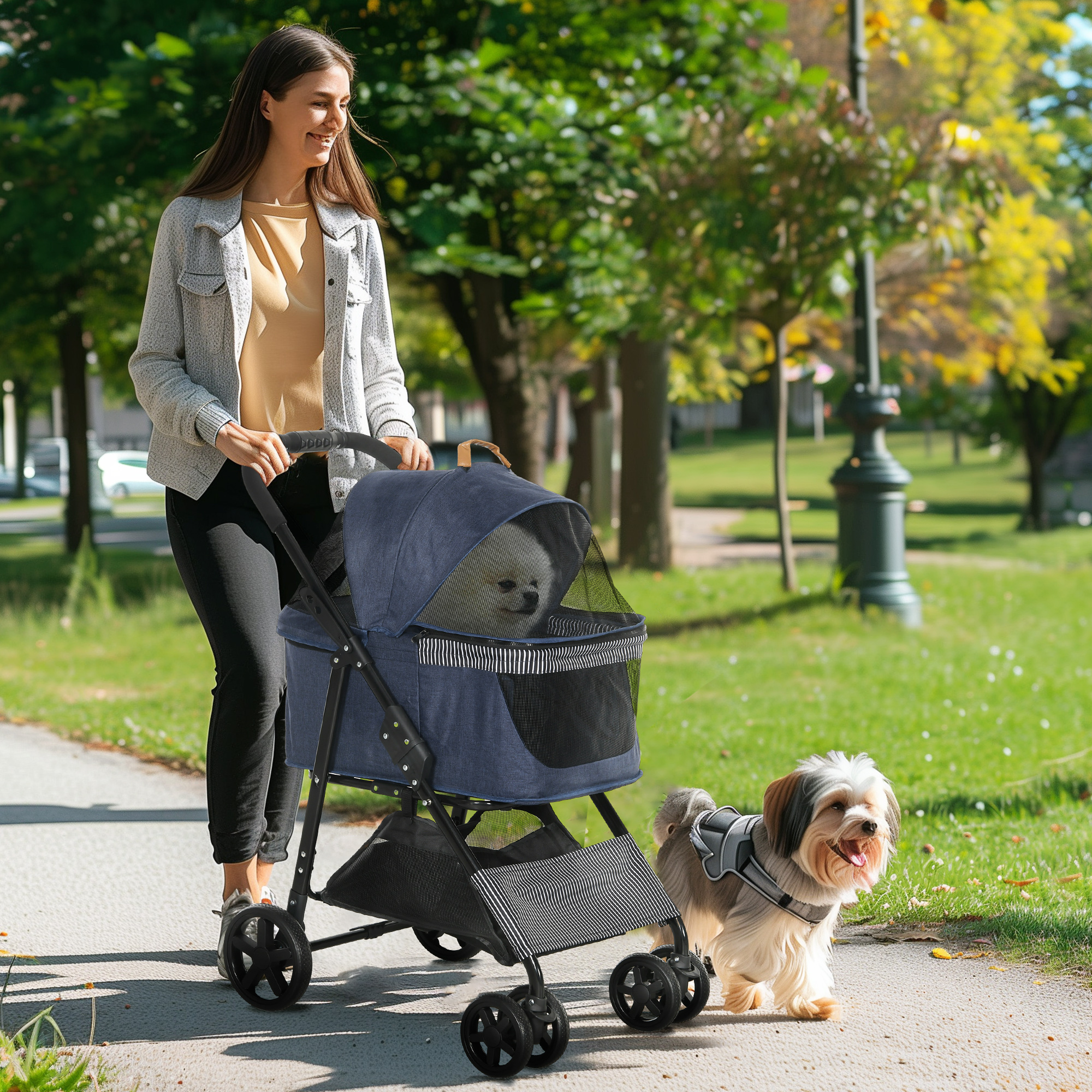 2-in-1 Hundebuggy, abnehmbare Transporttasche, klappbarer Metallrahmen, 77,5 x 51 x 99,5 cm, Dunkelblau+Schwarz