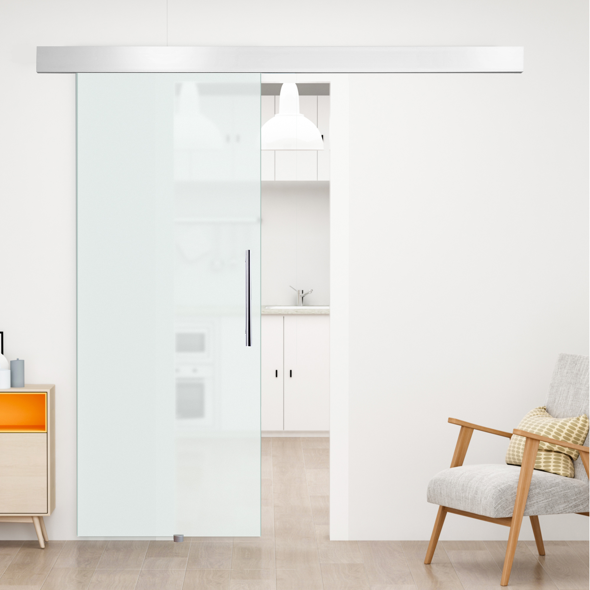 Glasschiebetür mit Griffstange, einseitig satiniert, 90 x 205 cm
