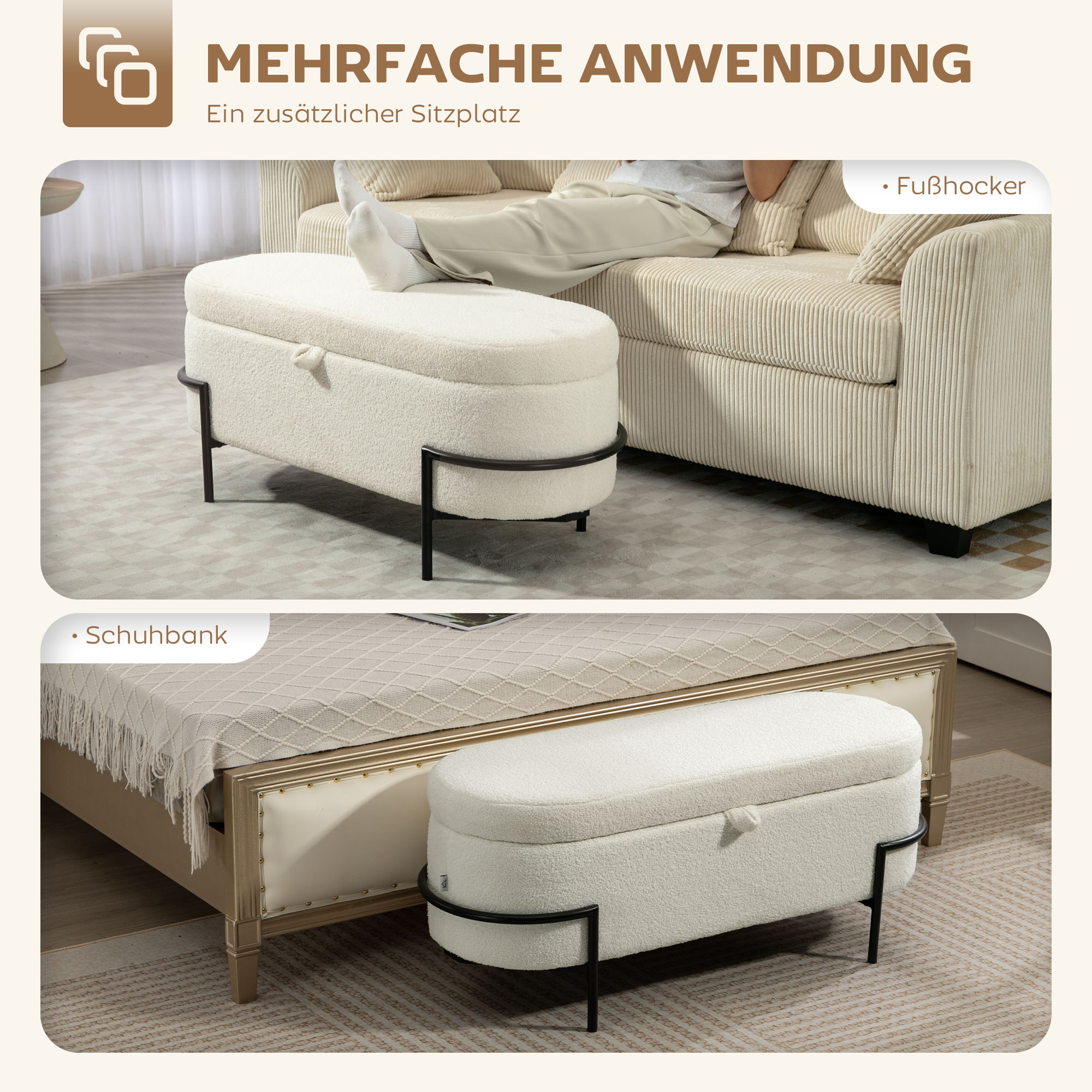 Aufbewahrungs-Hocker, Sitzhocker mit Deckel und Stauraum, Stahlbeine, Polsterhocker mit Fleece-Bezug, Cremeweiß