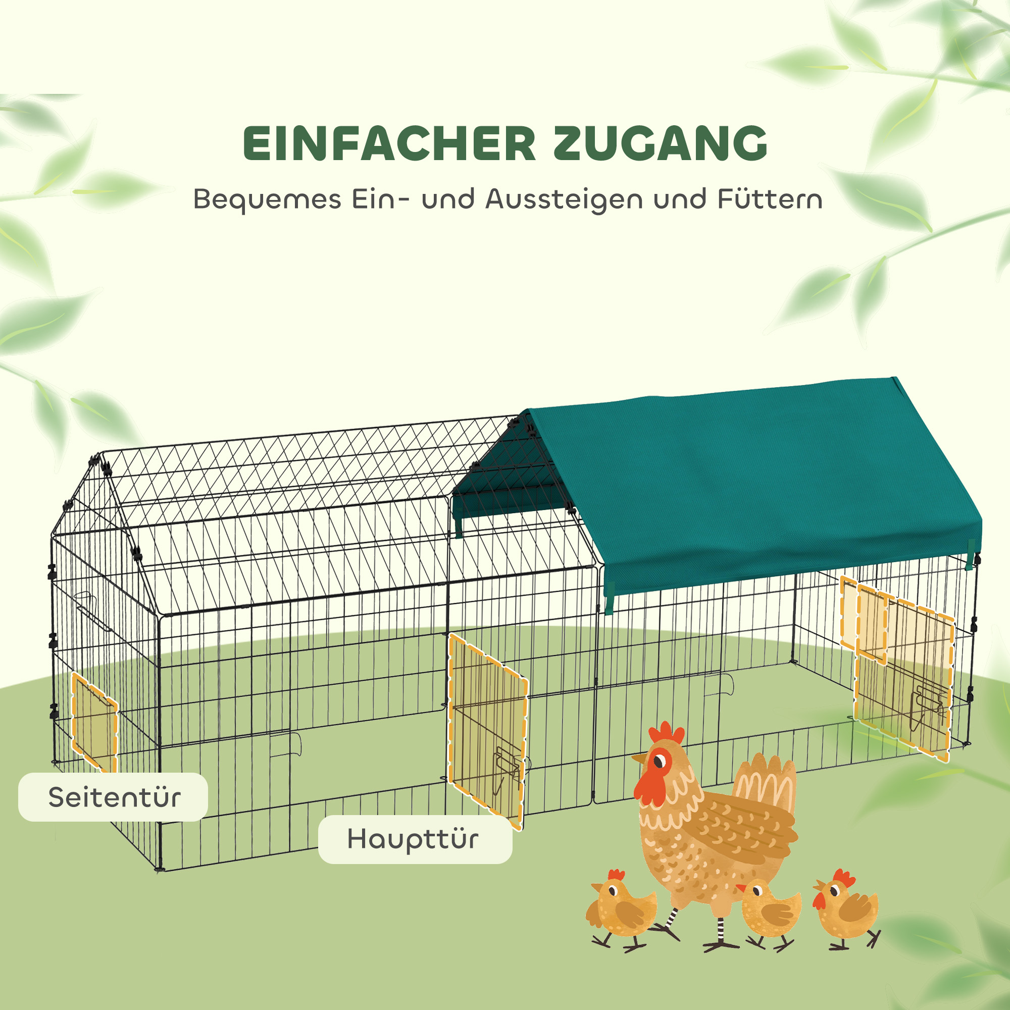 Kleintiergehege mit Dach, 4 Türen, wetterfest, Stahl/Polyester, 185x75x75cm, Schwarz/Grün