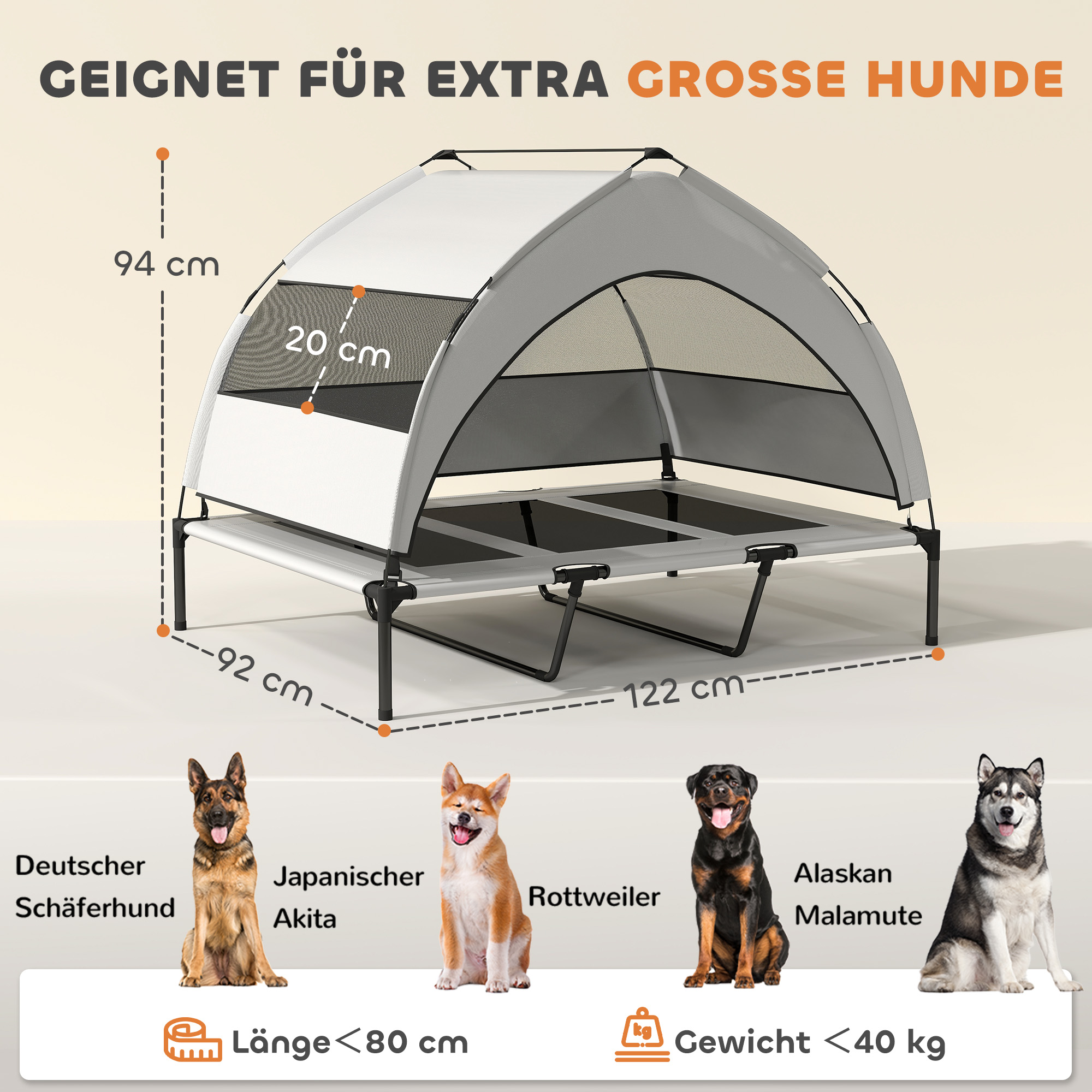 Hundeliege Outdoor mit Dach, erhöhtes Hundebett für extra große Hunde, mit Stahlrahmen, 122x92x94cm, Hellgrau
