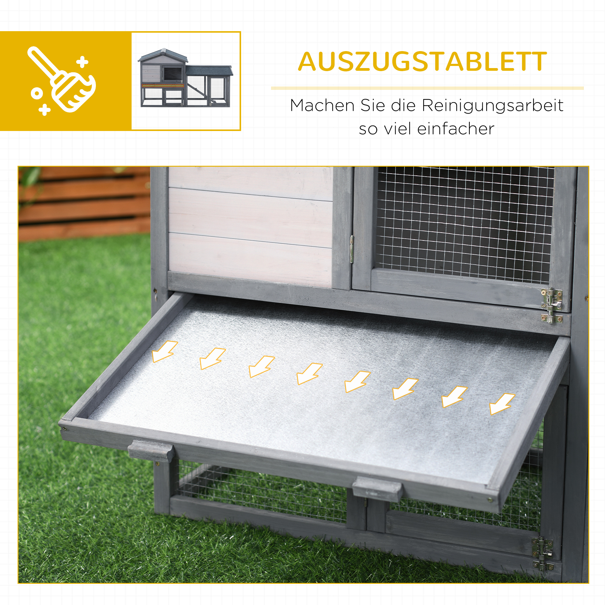 Hasenstall Kaninchenstall aus Holz 147 x 54 x 84 cm Kaninchenkäfig mit wetterfest Bitumendach, Freilaufgehege, Rampe, abschließbare Türen, Hasenkäfig für Zwergkaninchen Outdoor Dunkelgrau