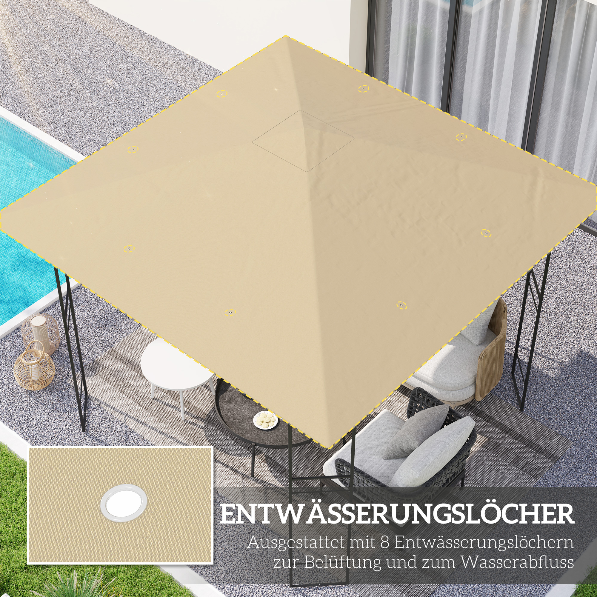 Ersatzdach für Pavillon 3 x 3 m wasserabweisend Pavillondach UPF30+ Ersatzbezug Oxford-Stoff, 370 g/m², Beige