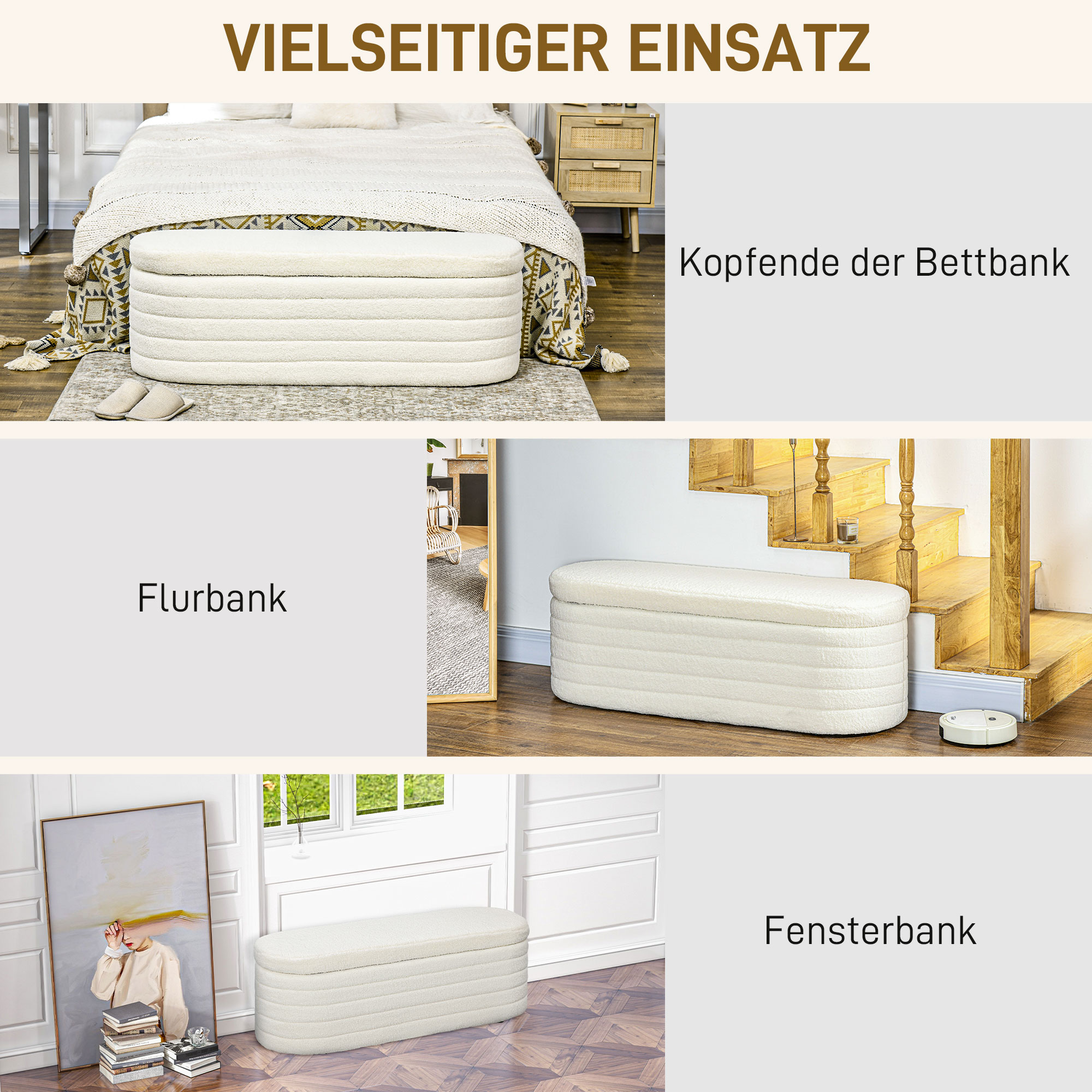 Bettbank, Stauraum, Teddy-Fleece, 116x41x40,5cm, Cremeweiß