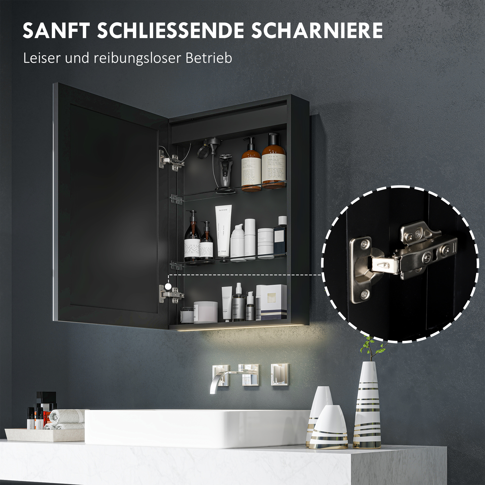 Spiegelschrank, Badschrank mit LED, 50 x 70 cm, dimmbar, Anti-Beschlag, Schwarz