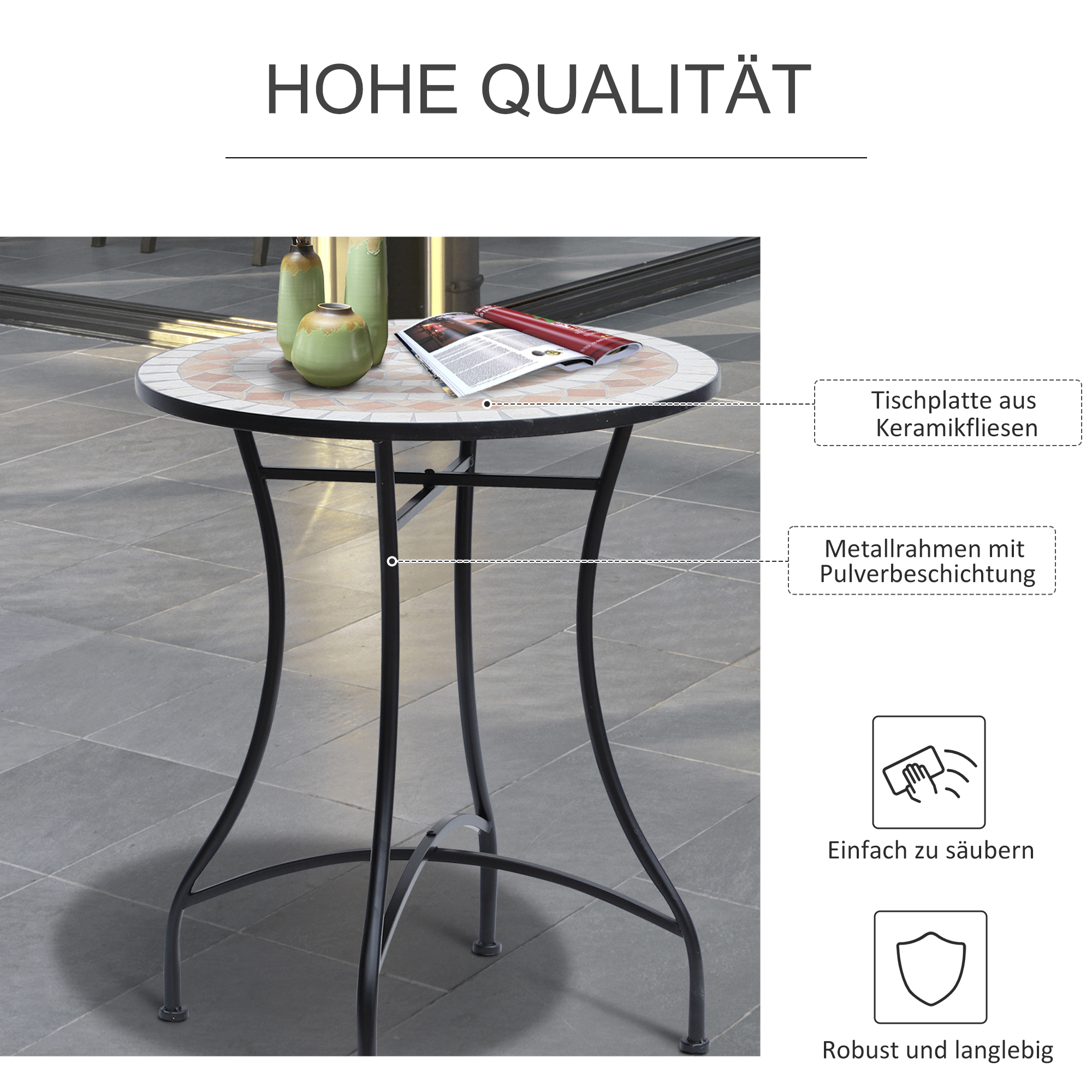Gartentisch Mosaiktisch Balkontisch Beistelltisch Seviertisch rund Stahl + Keramik Orange + Weiß Ø60 x H71 cm