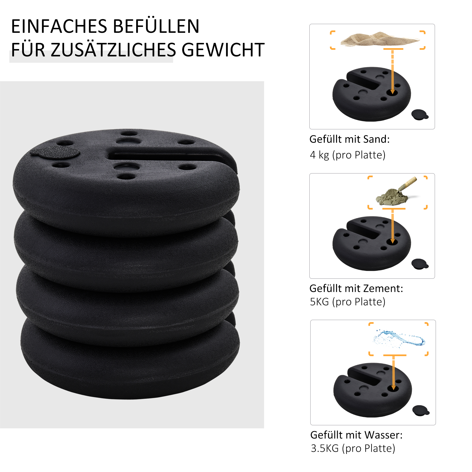 Pavillon Standfuß 4 Stk, Gewicht Partyzelt Pavillongewicht befüllbar bis 5 kg Gewichte für Pavillon Beschwerer für Pavillons Ø25 x 6 cm Schwarz