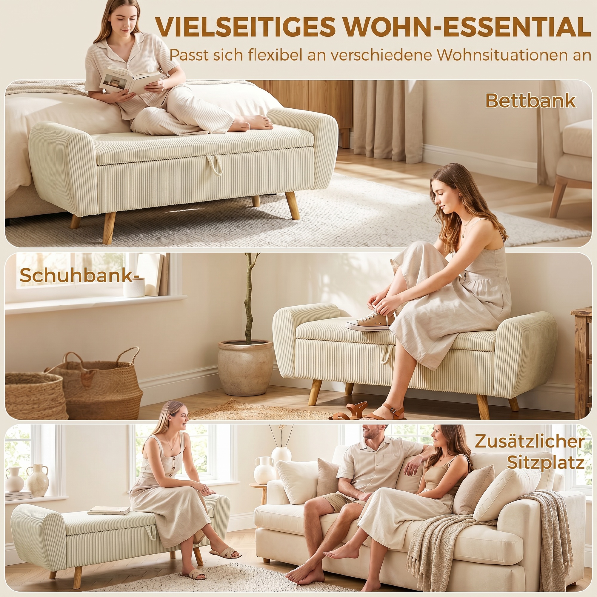 Sitzbank mit Stauraum, Polsterbank mit Cord-Optik, Holzfüßen und Gerollten Armlehnen, Beige