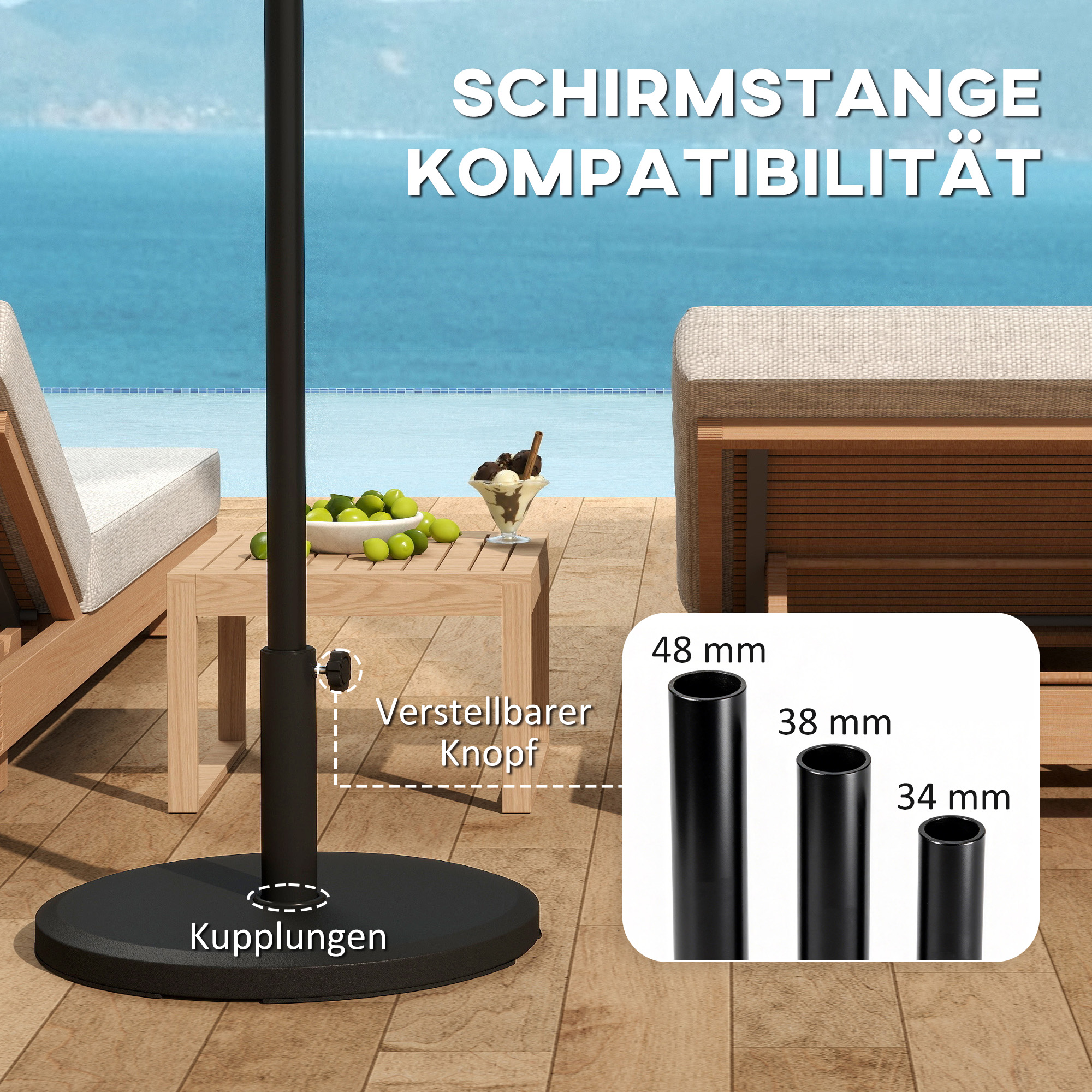 Sonnenschirmständer aus Zement 13kg Rund Schirmständer für Sonnenschirm 34mm/38mm/48mm Rohrdurchmesser, Schwarz