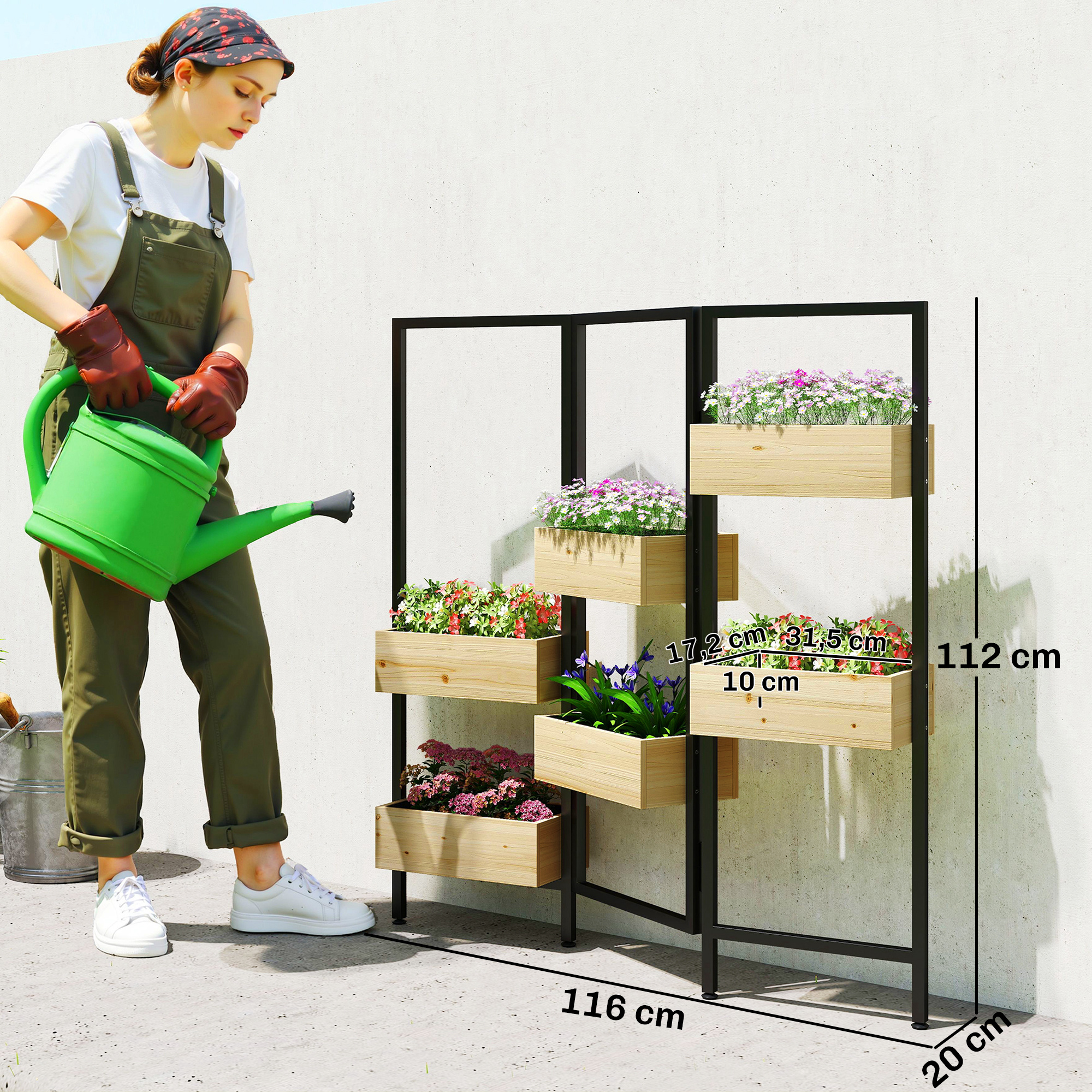 Blumenkasten mit Sichtschutz, Hochbeet mit Klappbarem Spalier, 6 Pflanzkästen mit Ablauflöchern, Stahl
