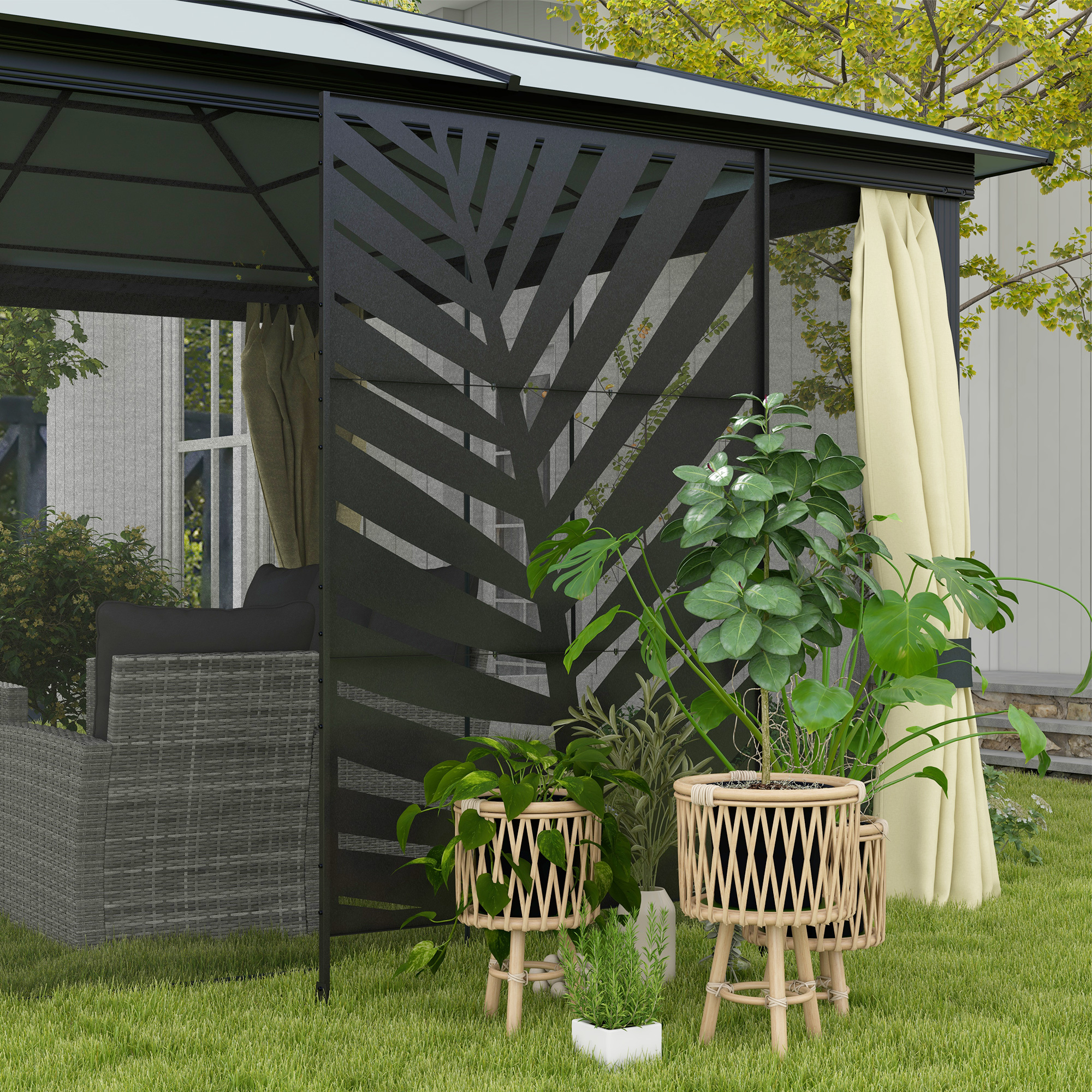 Outdoor-Sichtschutz, lackiert Stahlrahmen, Design: Palmblatt-Silhouette, 1,2 x 2 m, Schwarz