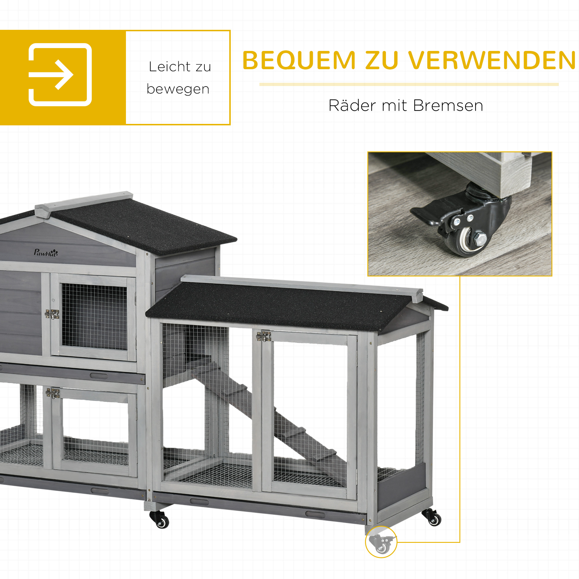 Hasenstall 2 Etagen Kaninchenstall aus Holz 157,4 x 53 x 99,5 cm Kaninchenkäfig mit wetterfest Bitumendach, Freilaufgehege, Rampe, Tür, Stahlgitter, Hasenkäfig für Kaninchen, Outdoor Grau