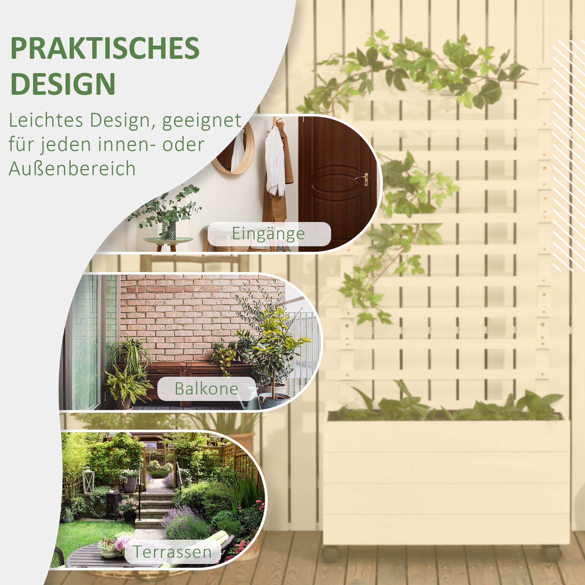Pflanzkasten mit Spalier, 4 Räder, Naturholz, wetterfeste Lackierung, weiß, 76 x 30 x 155 cm