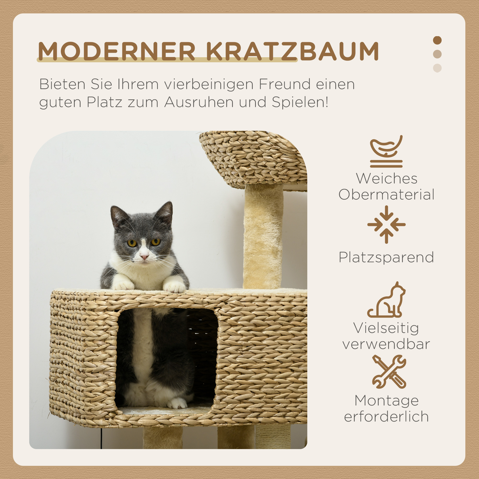 Kratzbaum Katzenbaum, 1 Katzenhöhle, 1 Katzbenbett, 1 Liegefläche, 1 Rampe, 60 cm x 40 cm x 98 cm, Natur + Beige