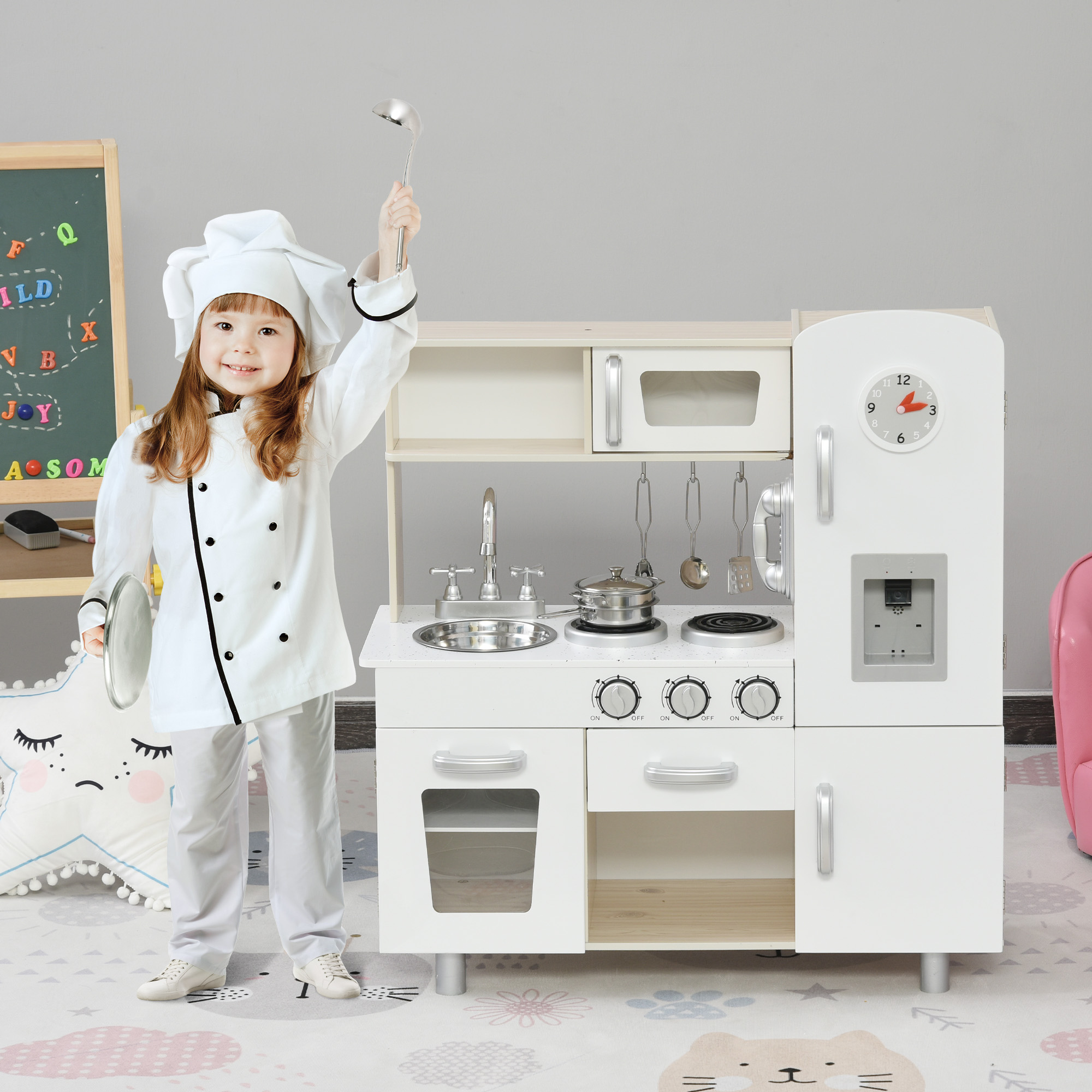 Kinderküche mit Zubehör, Traumküche, Spielküche, Spielzeugküche für Kinder ab 3 Jahren, Kiefer, MDF, Weiß, 74 x 30 x 81 cm