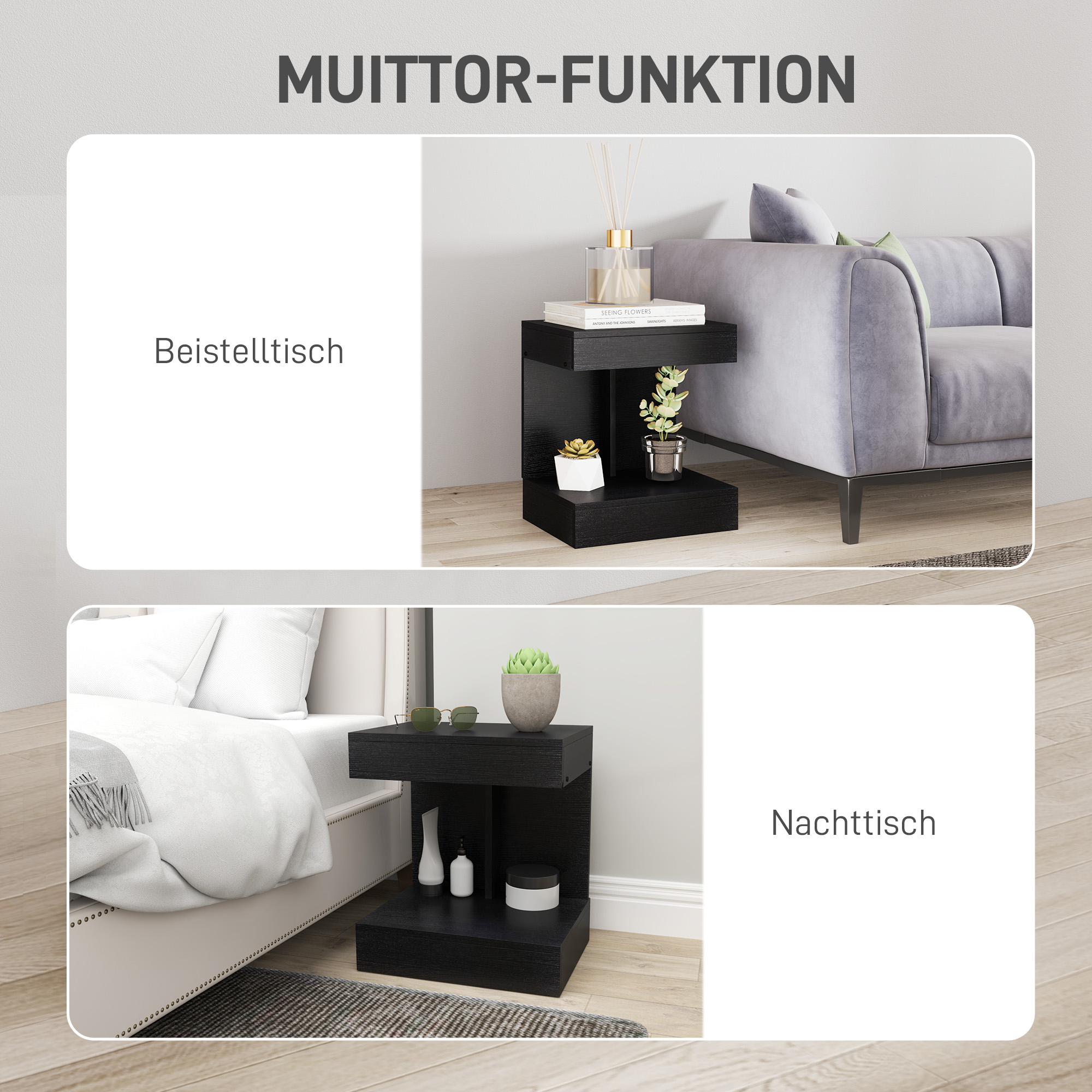 Nachttisch, Beistelltisch mit Schublade und Ablagefach, Moderner Sofatisch mit Regal für verschiedene Räume, Schwarz