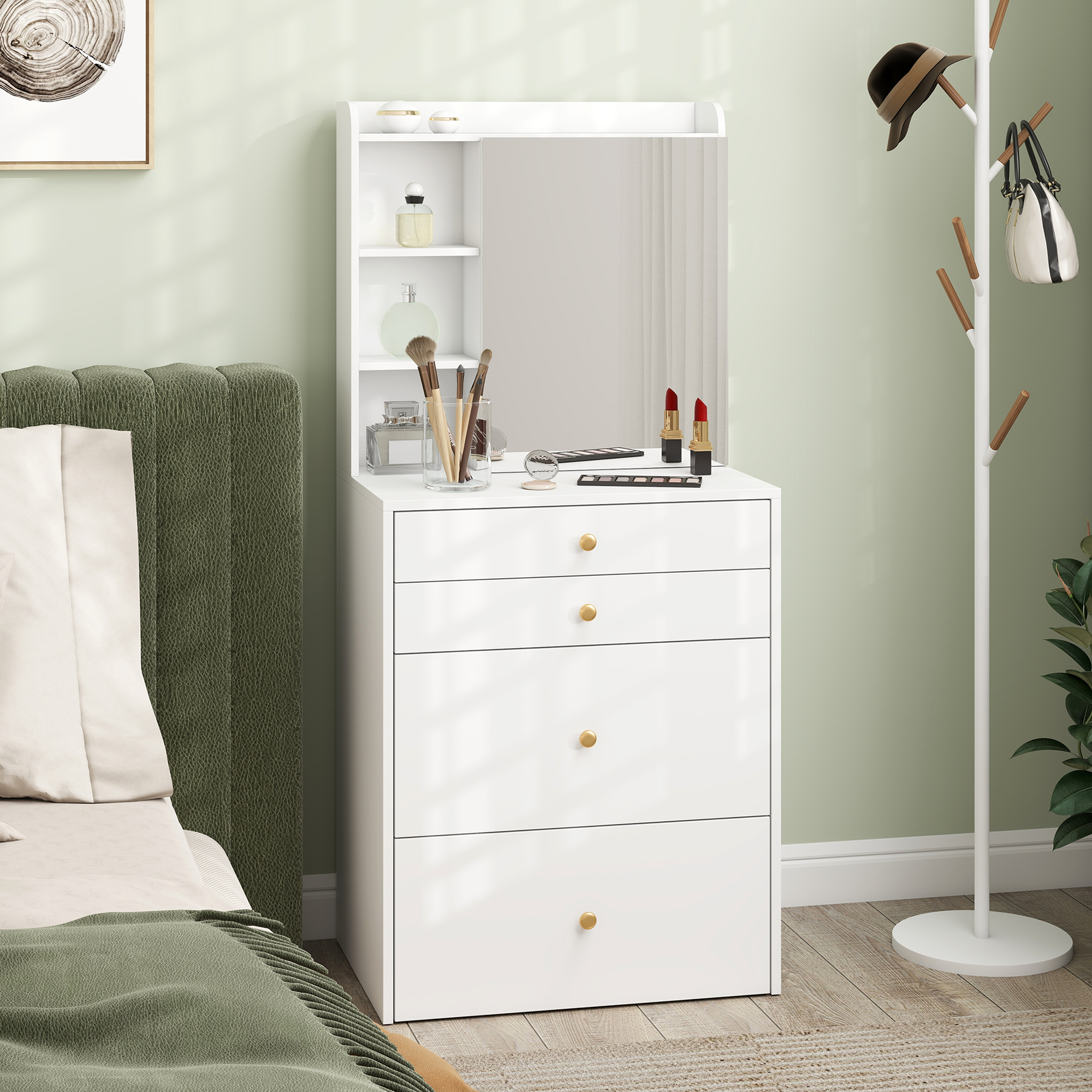 Schminktisch mit Spiegel und gepolstertem Hocker, kompakter Frisiertisch mit Schrank, Schubladen und offenen Ablagen, Weiß