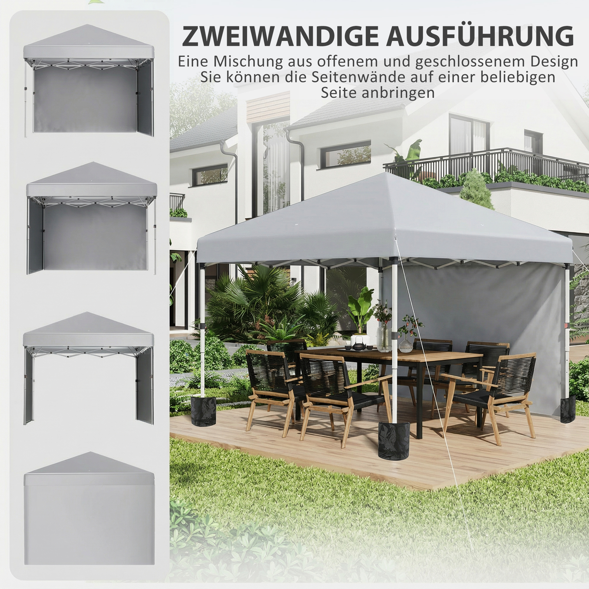 Faltpavillon, zwei Seitenwände, Tragetasche, Stahlrahmen, hellgrau, 3 x 3 x 2,7 m