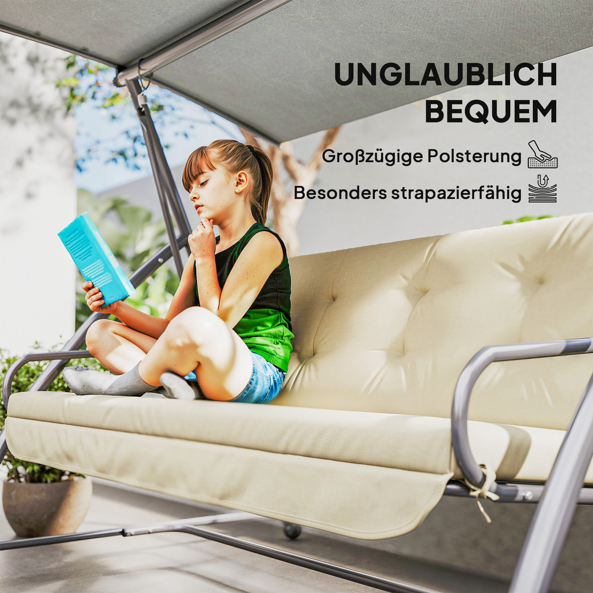Auflagen-Set für Hollywoodschaukel 170 cm Stuhlkissen Schaukelauflage Sitzkissen Gartenschaukel Gartenpolster Rückenkissen Seitenkissen Beige