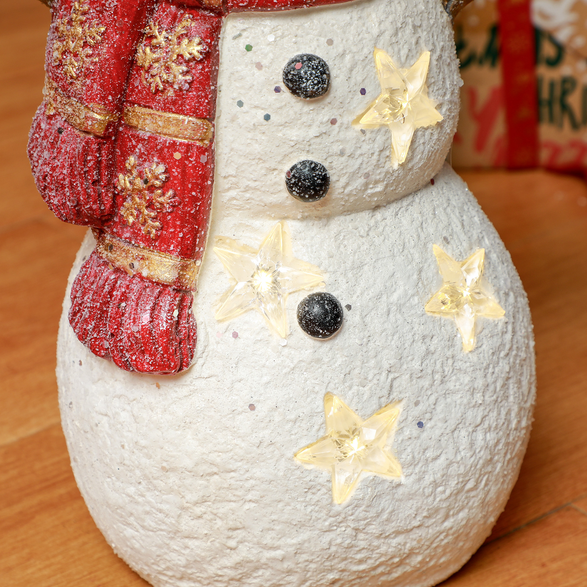 Weihnachtsdeko, Schneemann mit Vogel, 4 warmweiße LEDs, batteriebetrieben, 25 x 15,5 x 38 cm