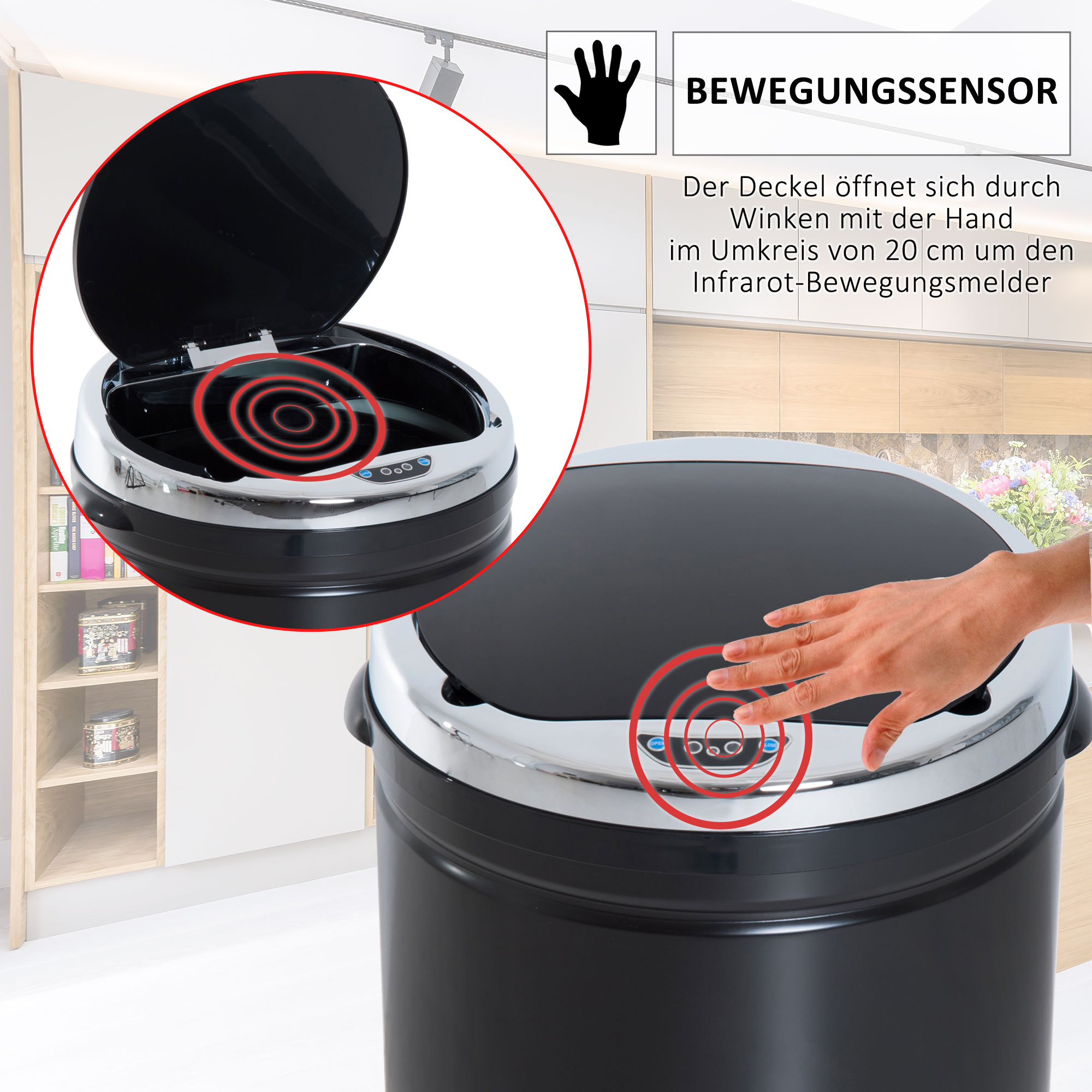 Abfalleimer mit Bewegungssensor, rostfreier Stahl, 30,5 cm x 30,5 cm x 81,5 cm, Schwarz