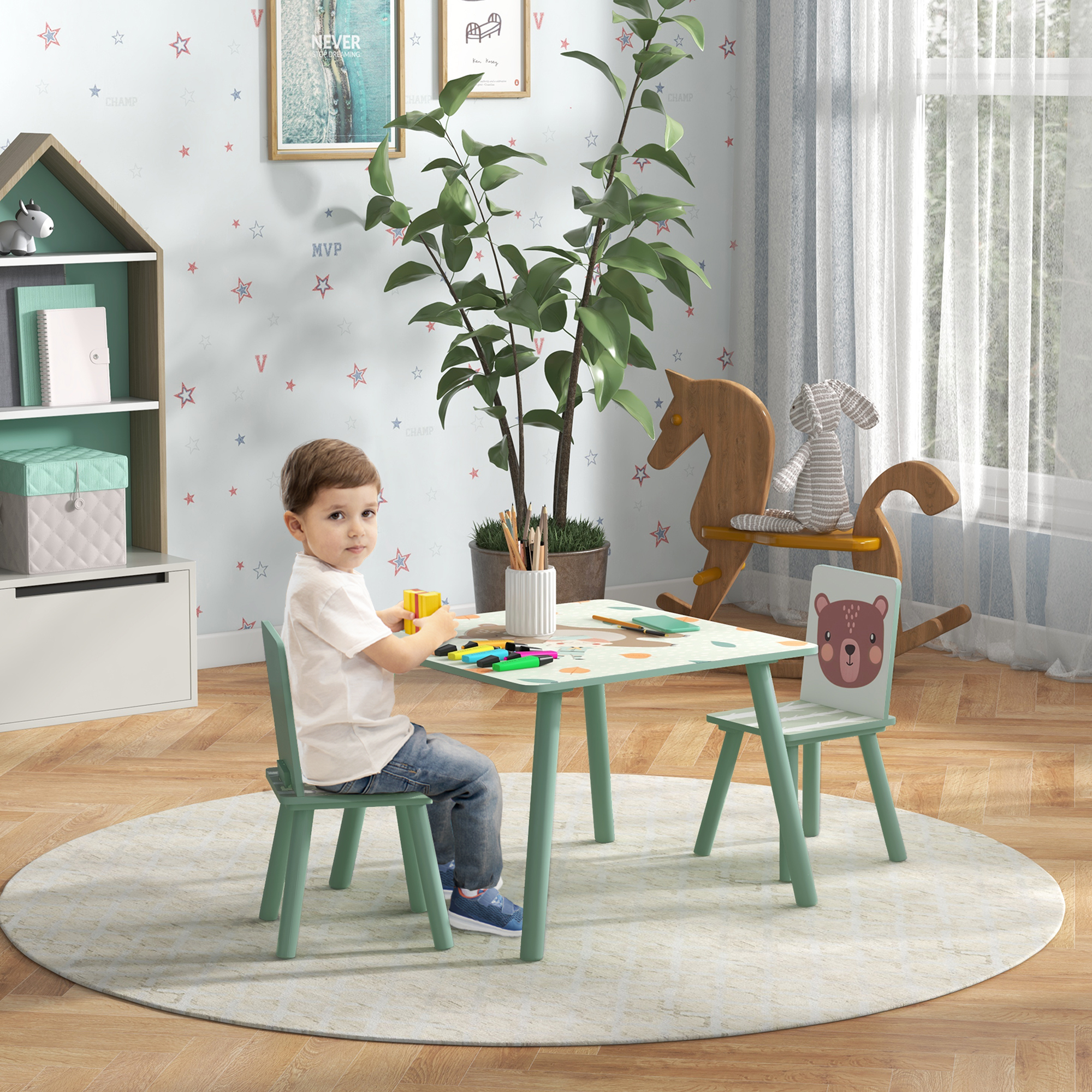 Sitzgruppe für Kinder 3-8 Jahre, 1 Tisch & 2 Stühle, niedliches Tiermotiv, Grün