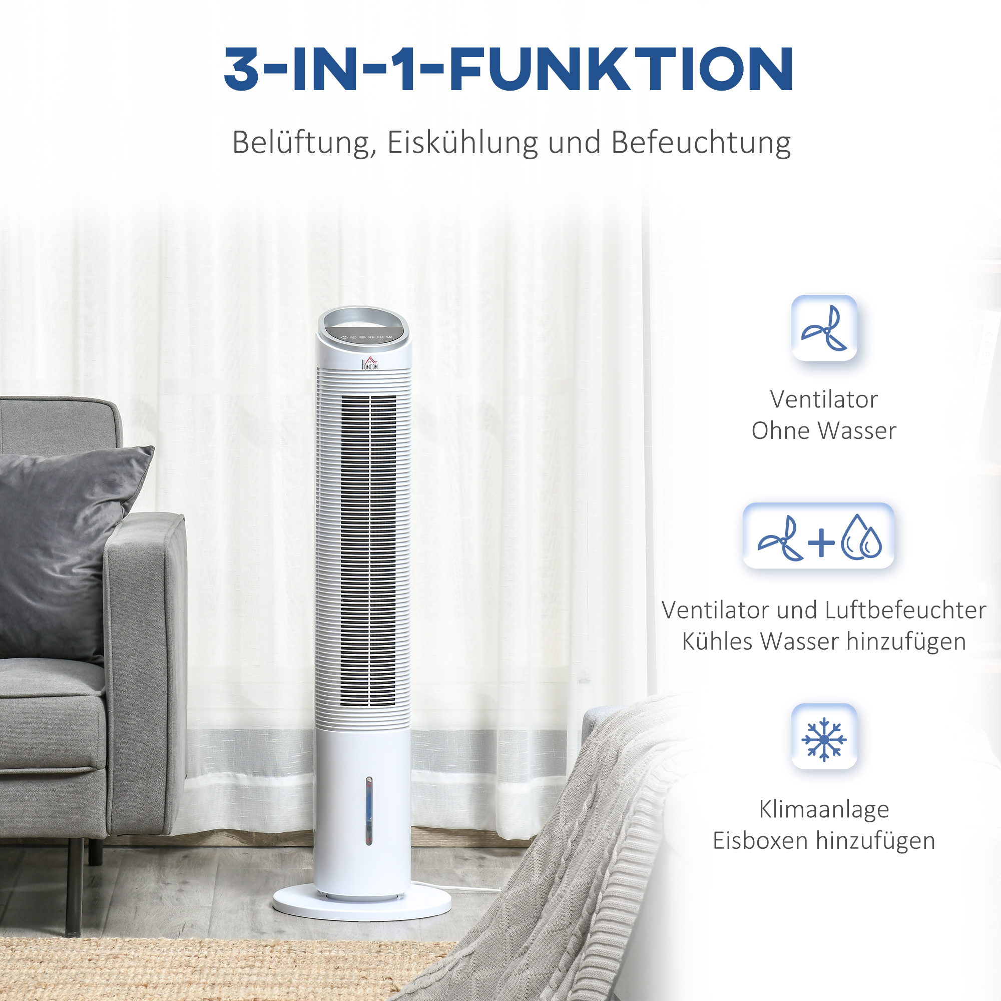 Turmventilator mit Wasserkühlung und Fernbedienung 60W 20? 30 cm x 30 cm x 100,8 cm 3 Modi Weiß
